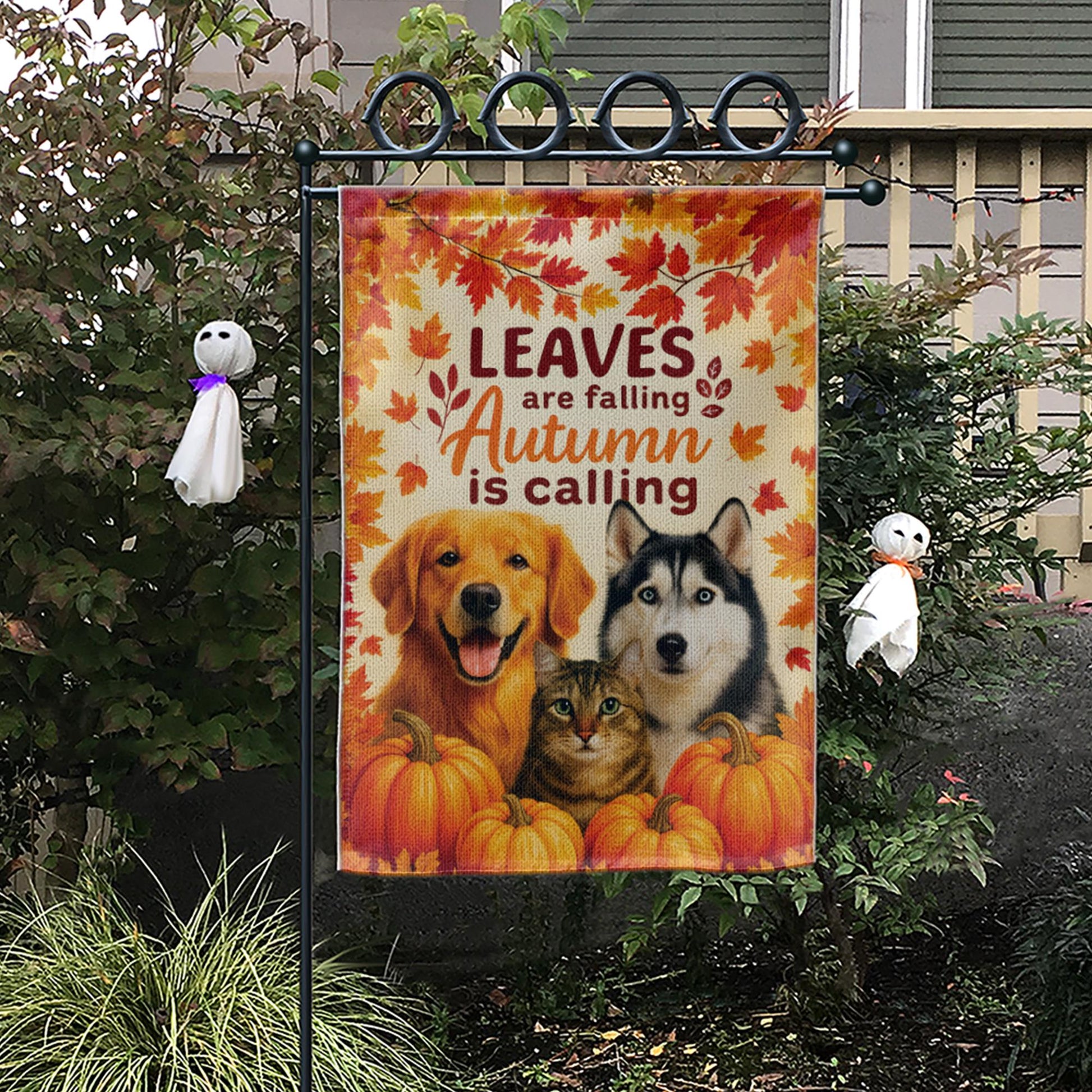 Pet Fall Garden Flag, Pet Lover Decor, Autumn is Calling Welcome Sign, Dog Mom, Cat Mom, Outdoor Yard Art Gift, Custom Photo Flag