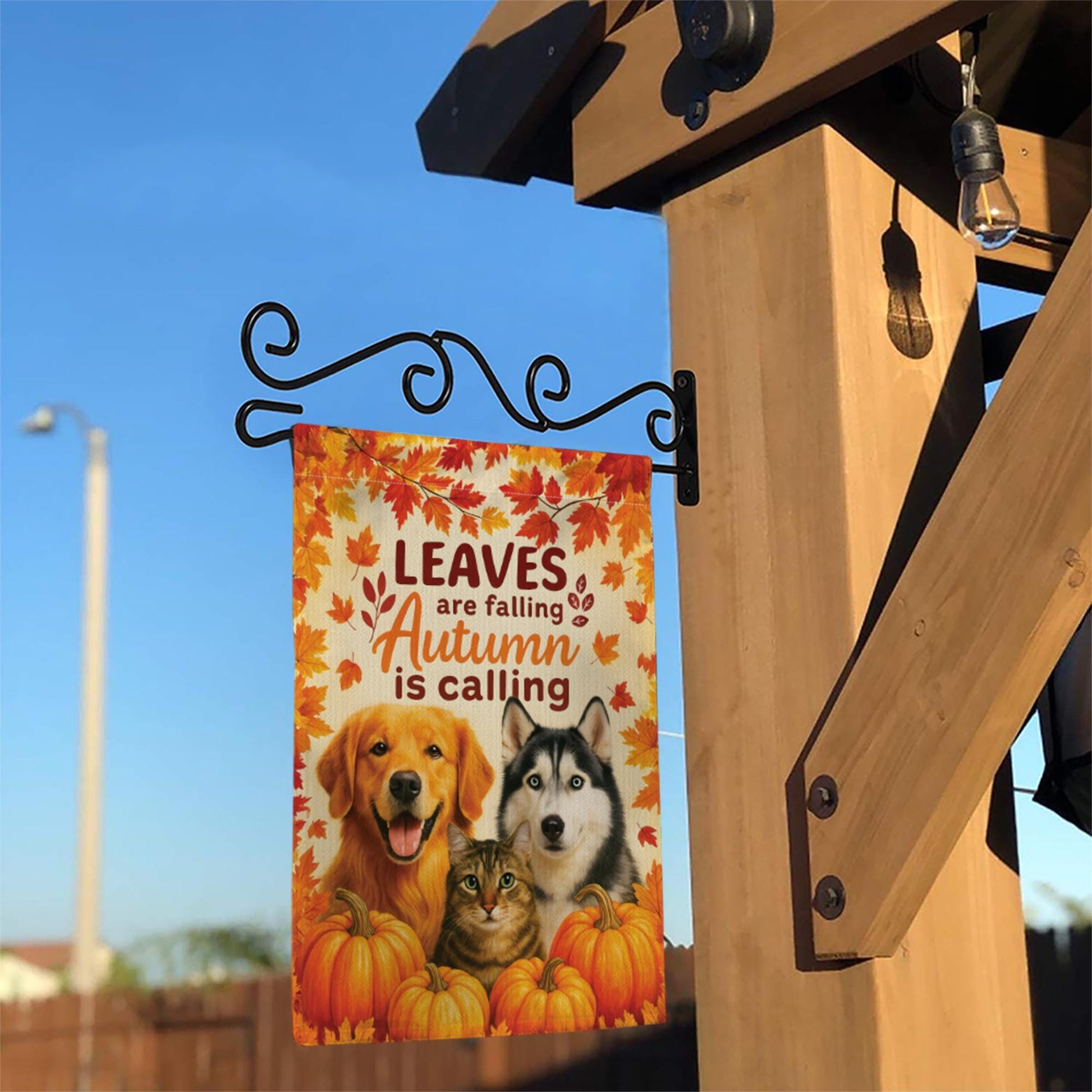 Pet Fall Garden Flag, Pet Lover Decor, Autumn is Calling Welcome Sign, Dog Mom, Cat Mom, Outdoor Yard Art Gift, Custom Photo Flag
