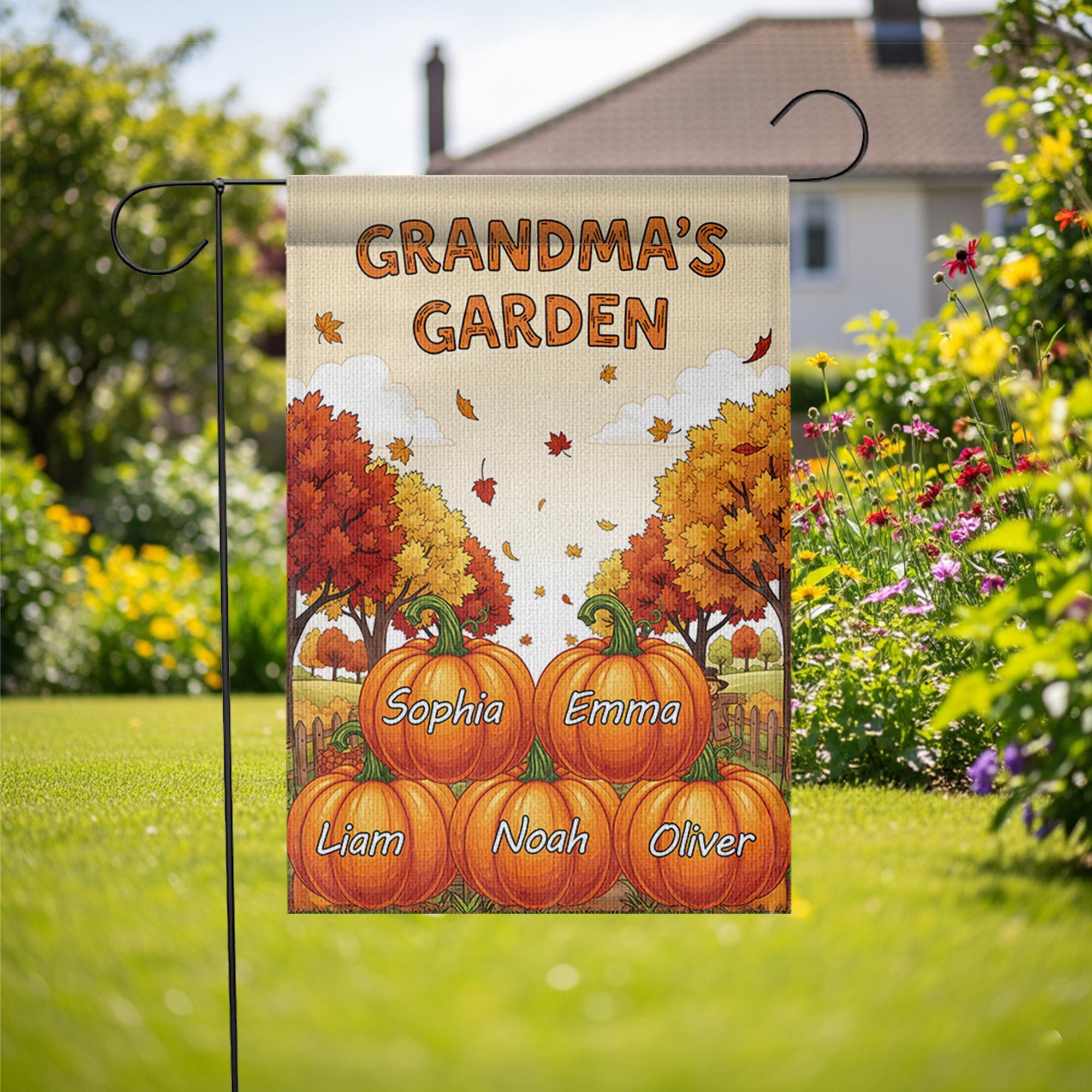 Personalized Grandma's Pumpkin Garden Flag, Custom Grandkids Names Fall Flag, Outdoor Thanksgiving Decor, Gift For Grandma Mimi Nana