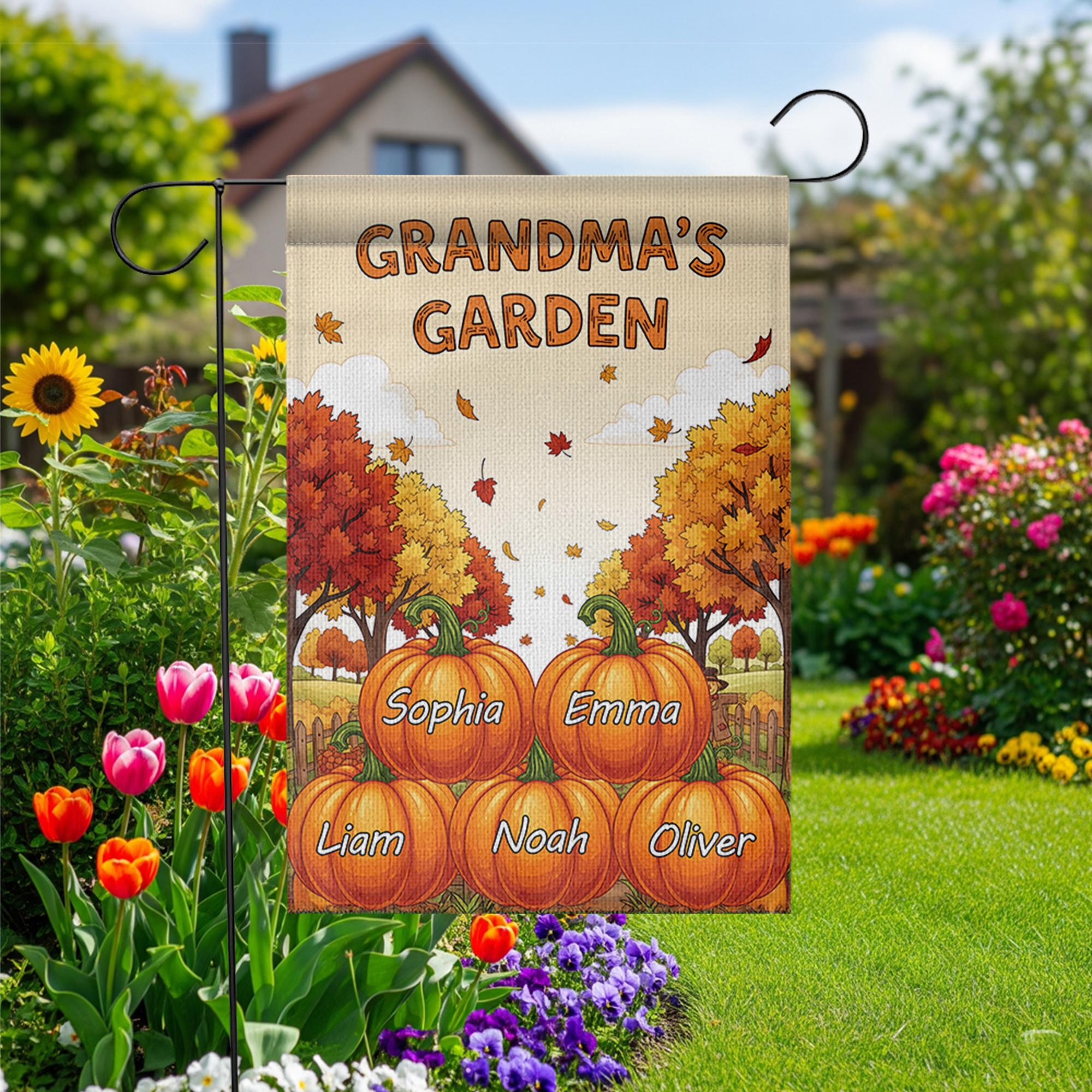 Personalized Grandma's Pumpkin Garden Flag, Custom Grandkids Names Fall Flag, Outdoor Thanksgiving Decor, Gift For Grandma Mimi Nana