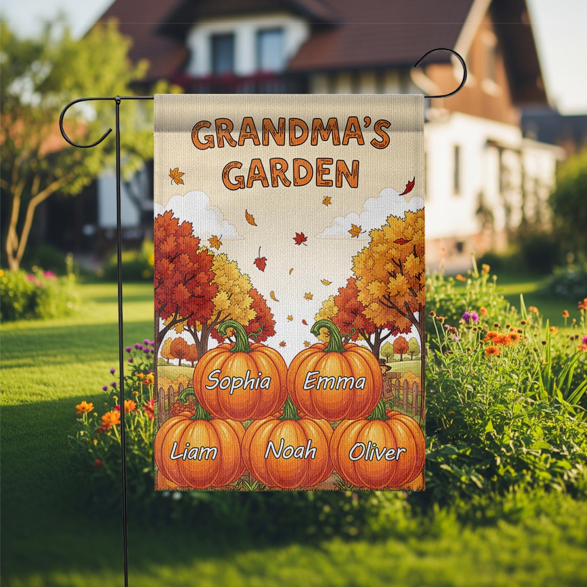 Personalized Grandma's Pumpkin Garden Flag, Custom Grandkids Names Fall Flag, Outdoor Thanksgiving Decor, Gift For Grandma Mimi Nana