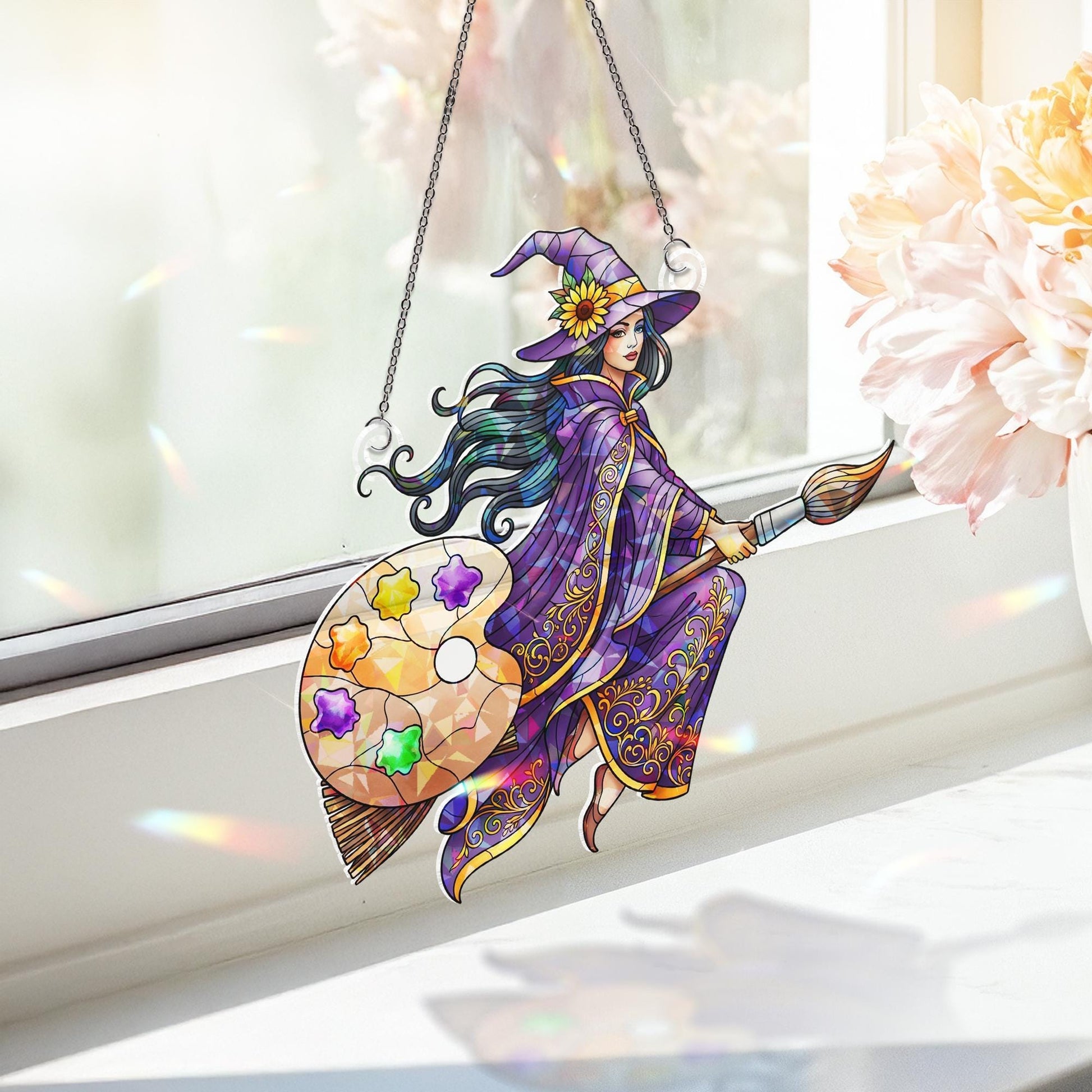 Stained Glass Witch Suncatcher | Colorful Palette Artist Witch Hanging Decor | Magical Stained Glass Window Ornament