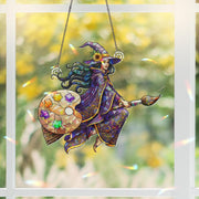 Stained Glass Witch Suncatcher | Colorful Palette Artist Witch Hanging Decor | Magical Stained Glass Window Ornament