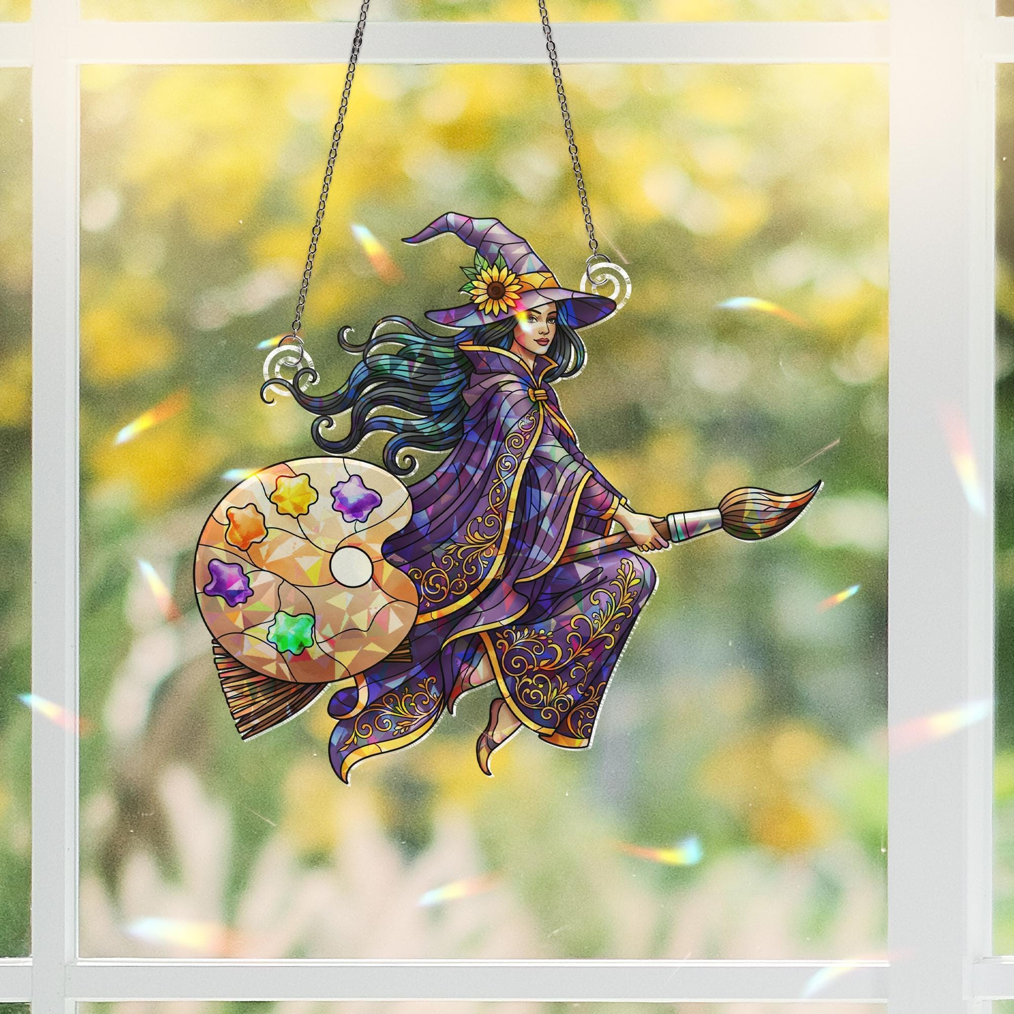 Stained Glass Witch Suncatcher | Colorful Palette Artist Witch Hanging Decor | Magical Stained Glass Window Ornament