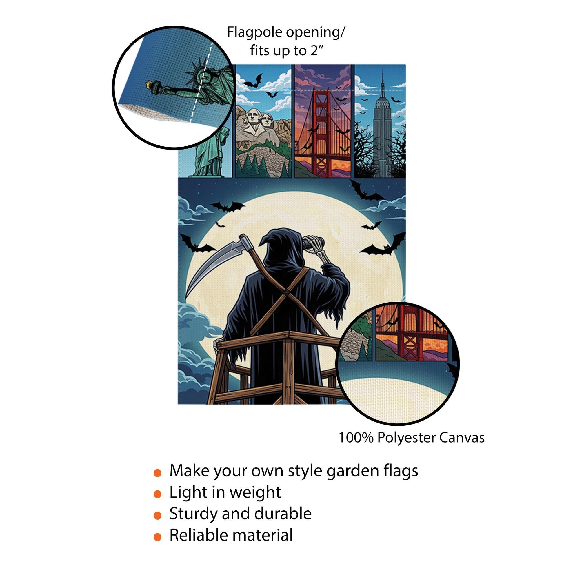 Grim Reaper Garden Flag | Halloween Landmark Yard Decor | Spooky Outdoor Seasonal Banner | USA Landmark Reaper House Flag