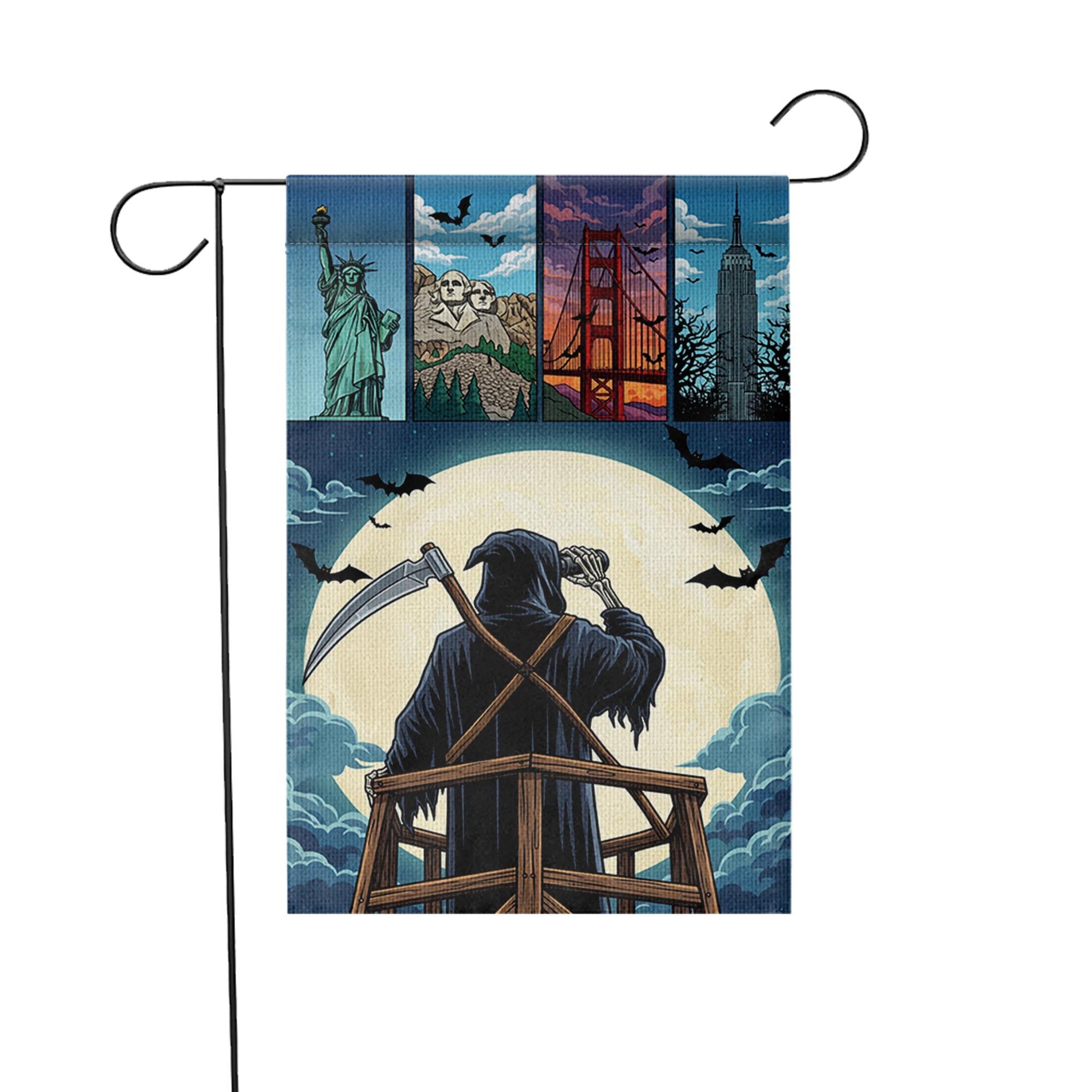 Grim Reaper Garden Flag | Halloween Landmark Yard Decor | Spooky Outdoor Seasonal Banner | USA Landmark Reaper House Flag