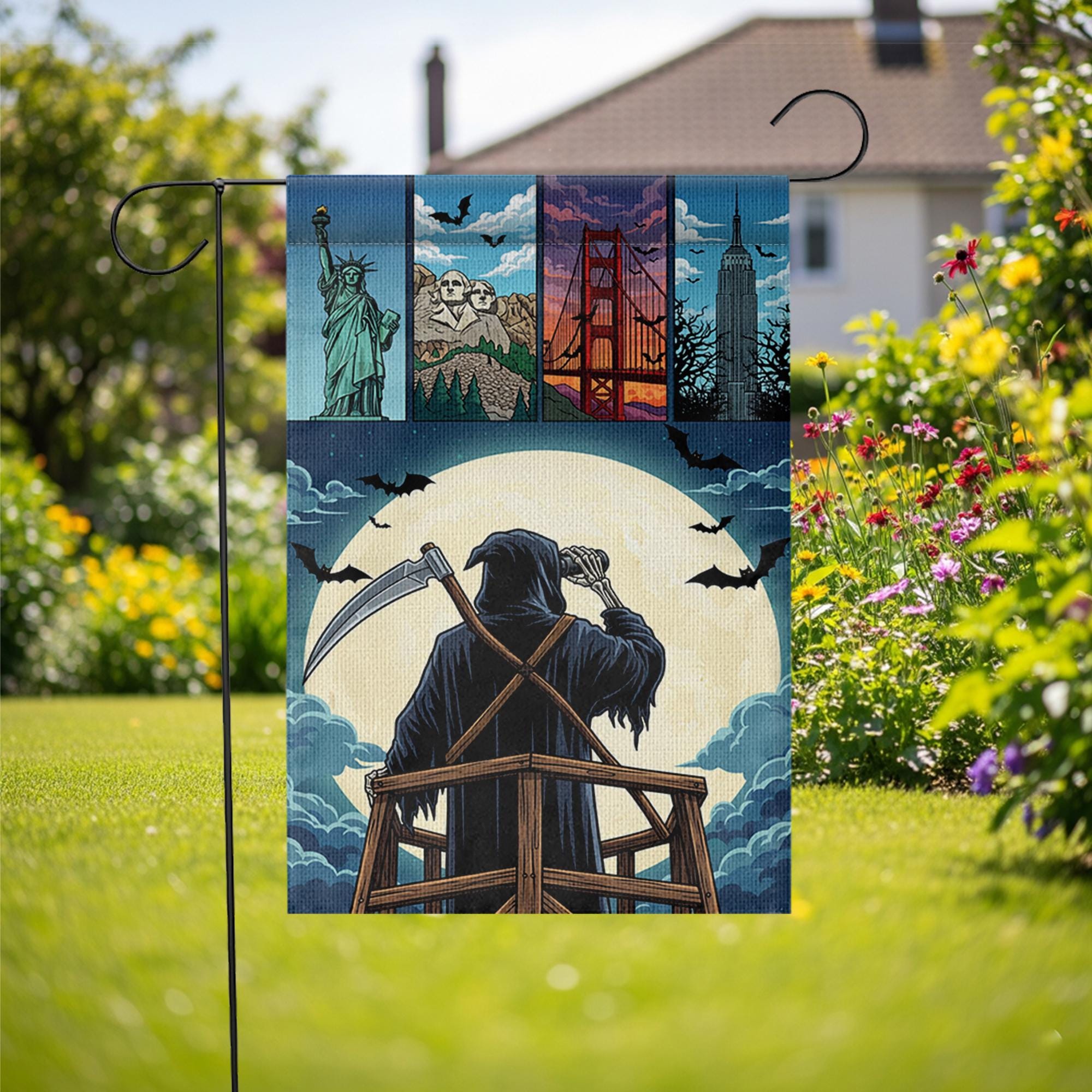 Grim Reaper Garden Flag | Halloween Landmark Yard Decor | Spooky Outdoor Seasonal Banner | USA Landmark Reaper House Flag
