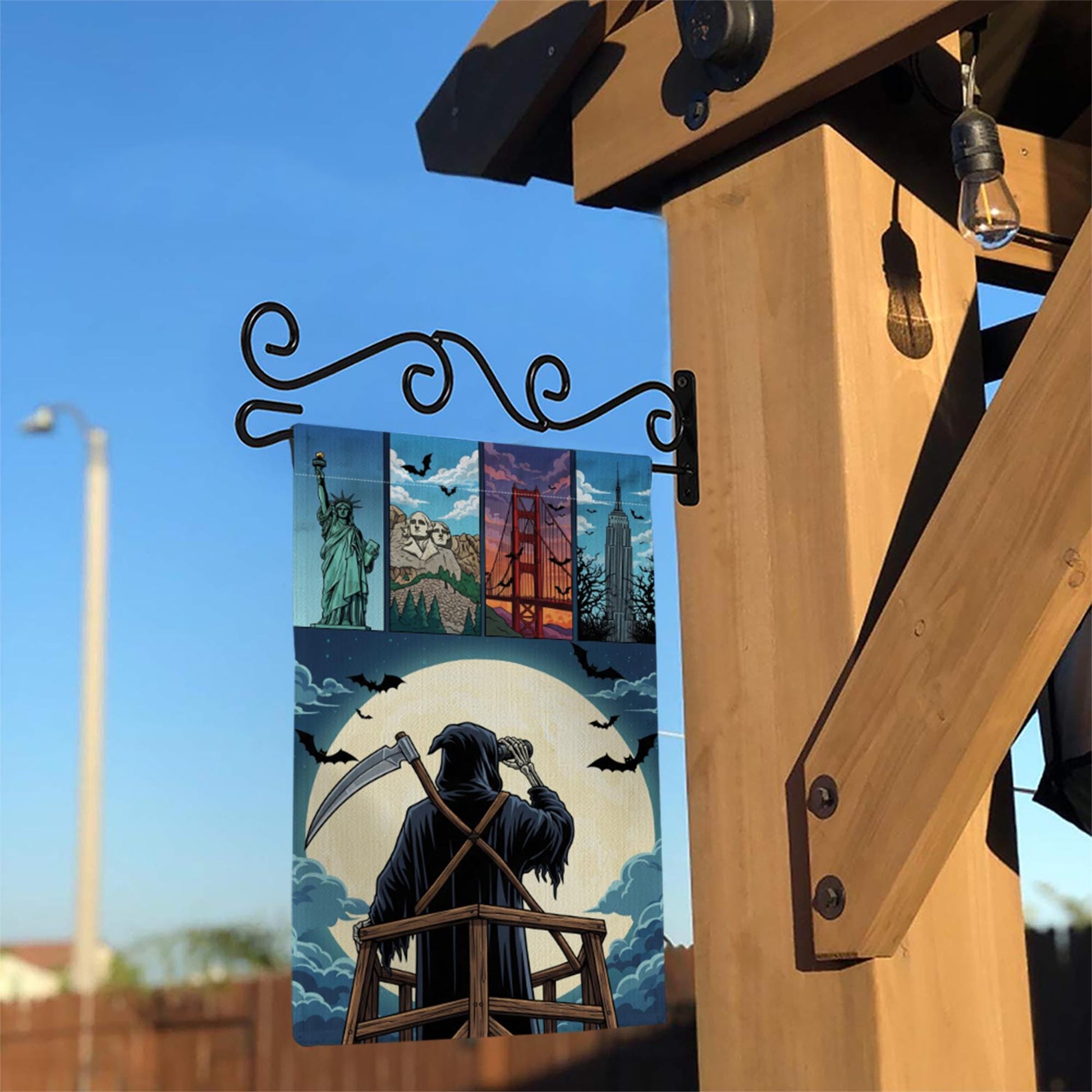 Grim Reaper Garden Flag | Halloween Landmark Yard Decor | Spooky Outdoor Seasonal Banner | USA Landmark Reaper House Flag