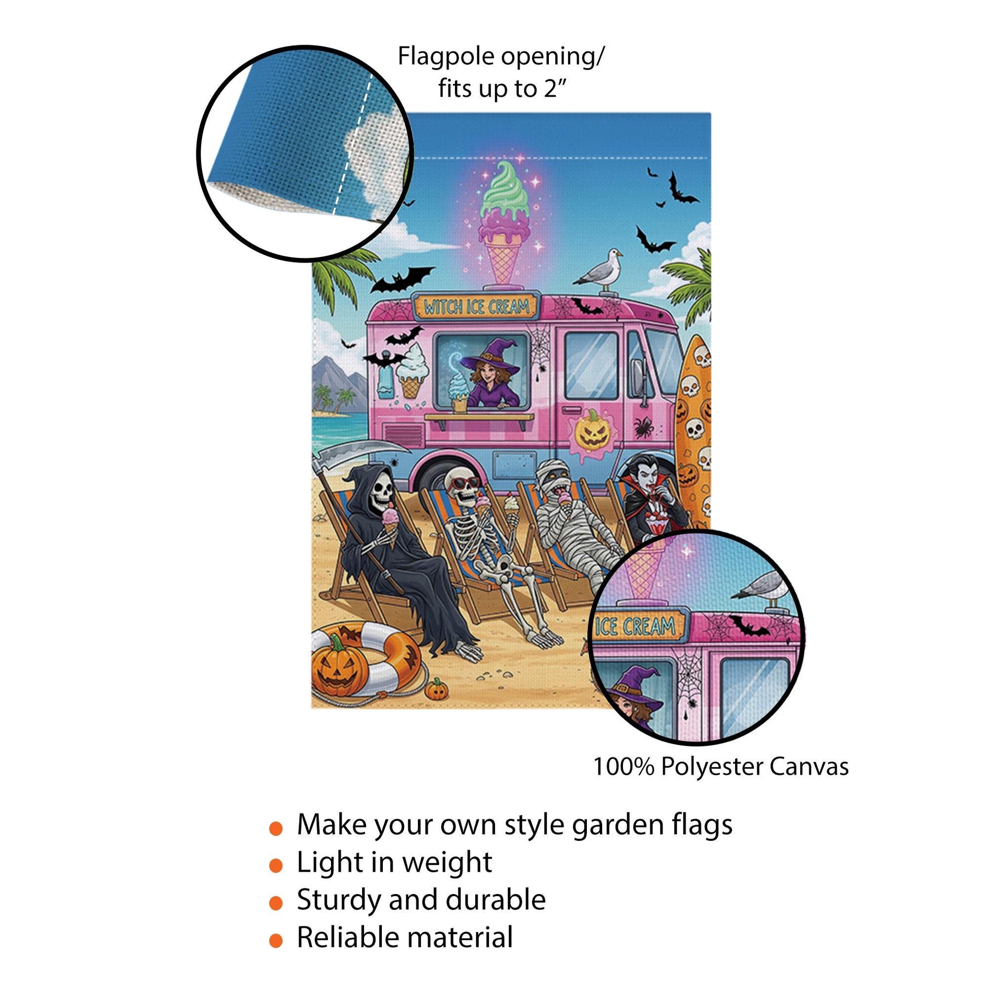 Halloween Ice Cream Truck Garden Flag | Spooky Beach Skeleton Yard Banner | Witch Summer Outdoor Holiday Decor | Funny Halloween Flag