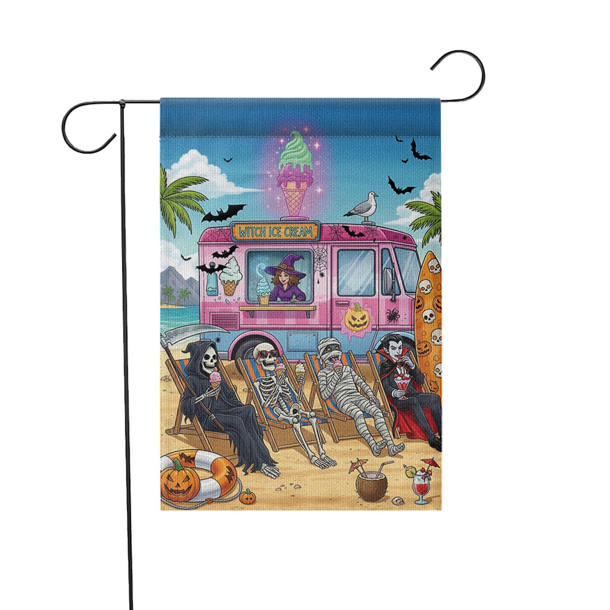 Halloween Ice Cream Truck Garden Flag | Spooky Beach Skeleton Yard Banner | Witch Summer Outdoor Holiday Decor | Funny Halloween Flag