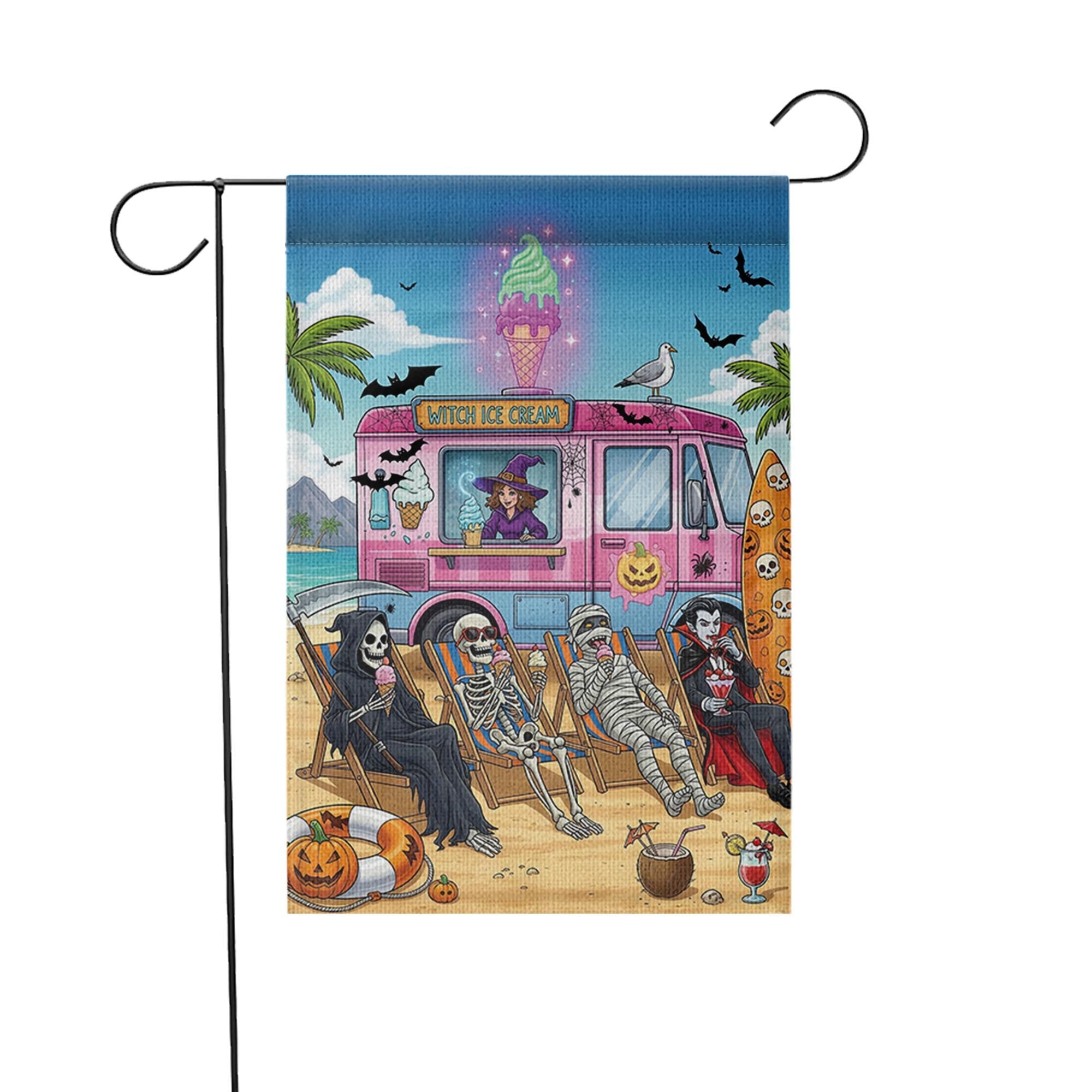 Halloween Ice Cream Truck Garden Flag | Spooky Beach Skeleton Yard Banner | Witch Summer Outdoor Holiday Decor | Funny Halloween Flag