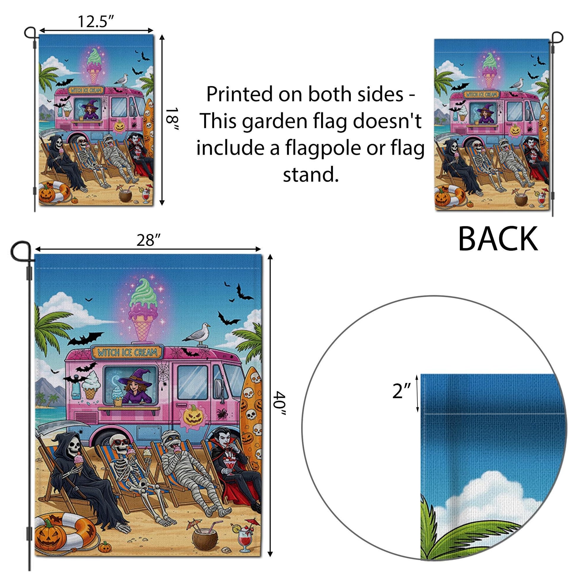 Halloween Ice Cream Truck Garden Flag | Spooky Beach Skeleton Yard Banner | Witch Summer Outdoor Holiday Decor | Funny Halloween Flag