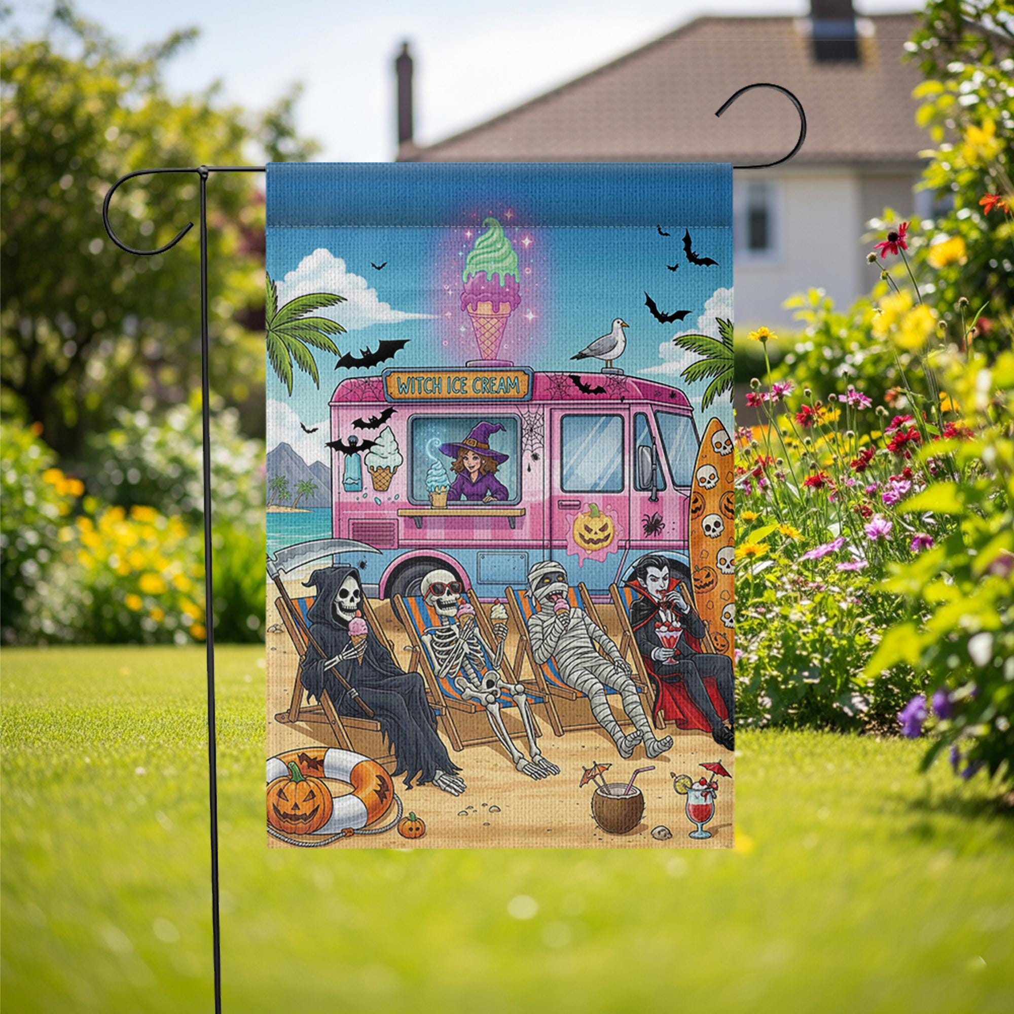 Halloween Ice Cream Truck Garden Flag | Spooky Beach Skeleton Yard Banner | Witch Summer Outdoor Holiday Decor | Funny Halloween Flag