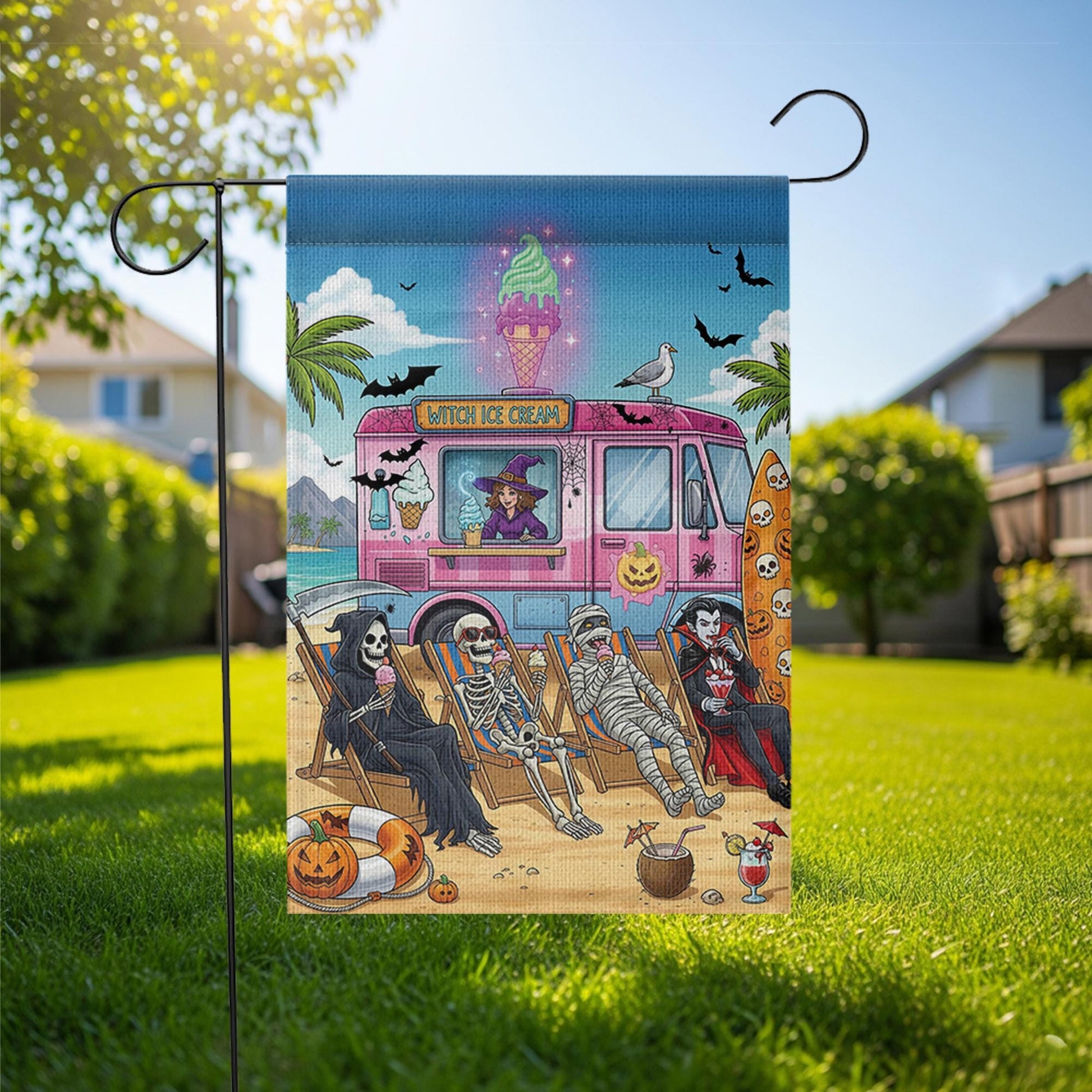 Halloween Ice Cream Truck Garden Flag | Spooky Beach Skeleton Yard Banner | Witch Summer Outdoor Holiday Decor | Funny Halloween Flag