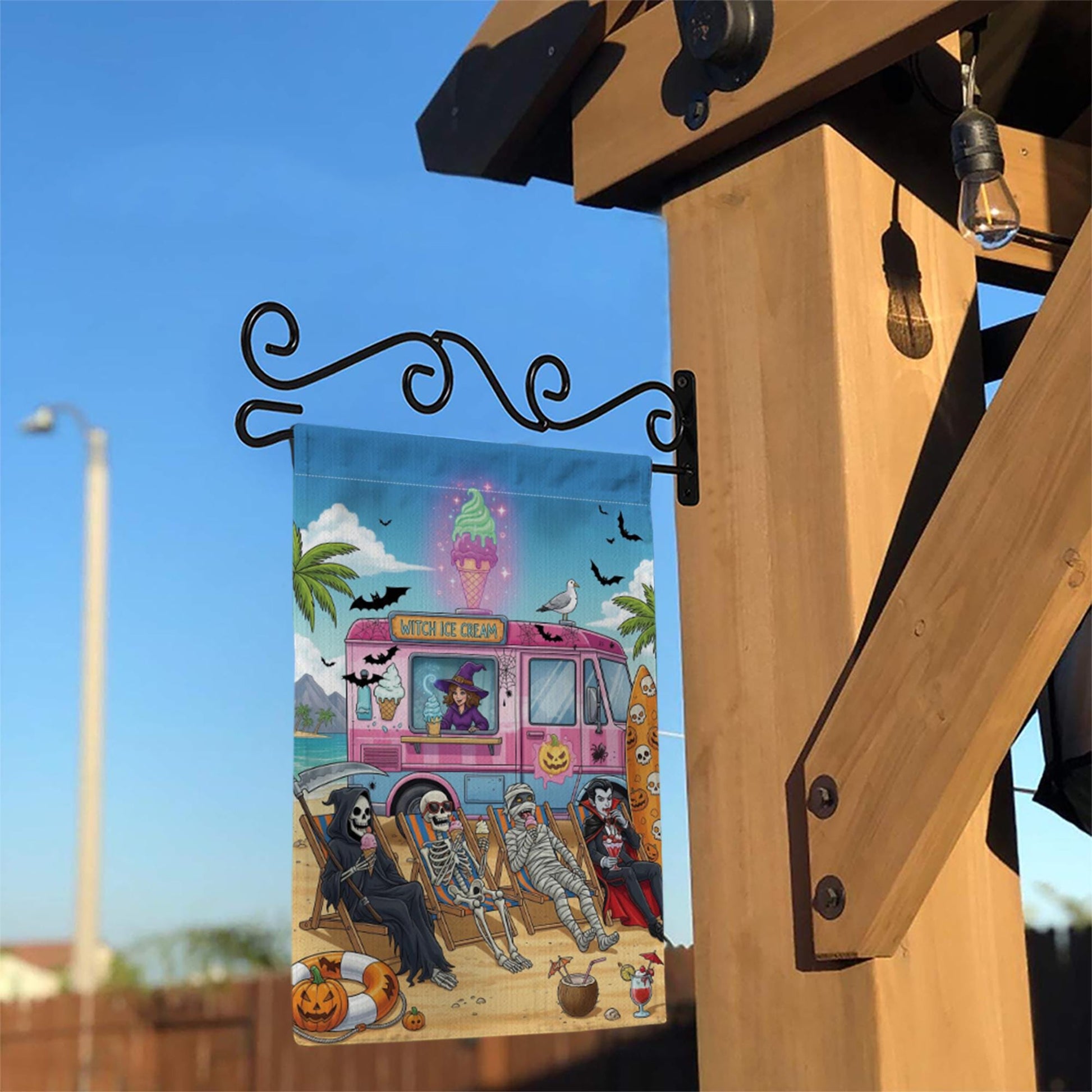 Halloween Ice Cream Truck Garden Flag | Spooky Beach Skeleton Yard Banner | Witch Summer Outdoor Holiday Decor | Funny Halloween Flag