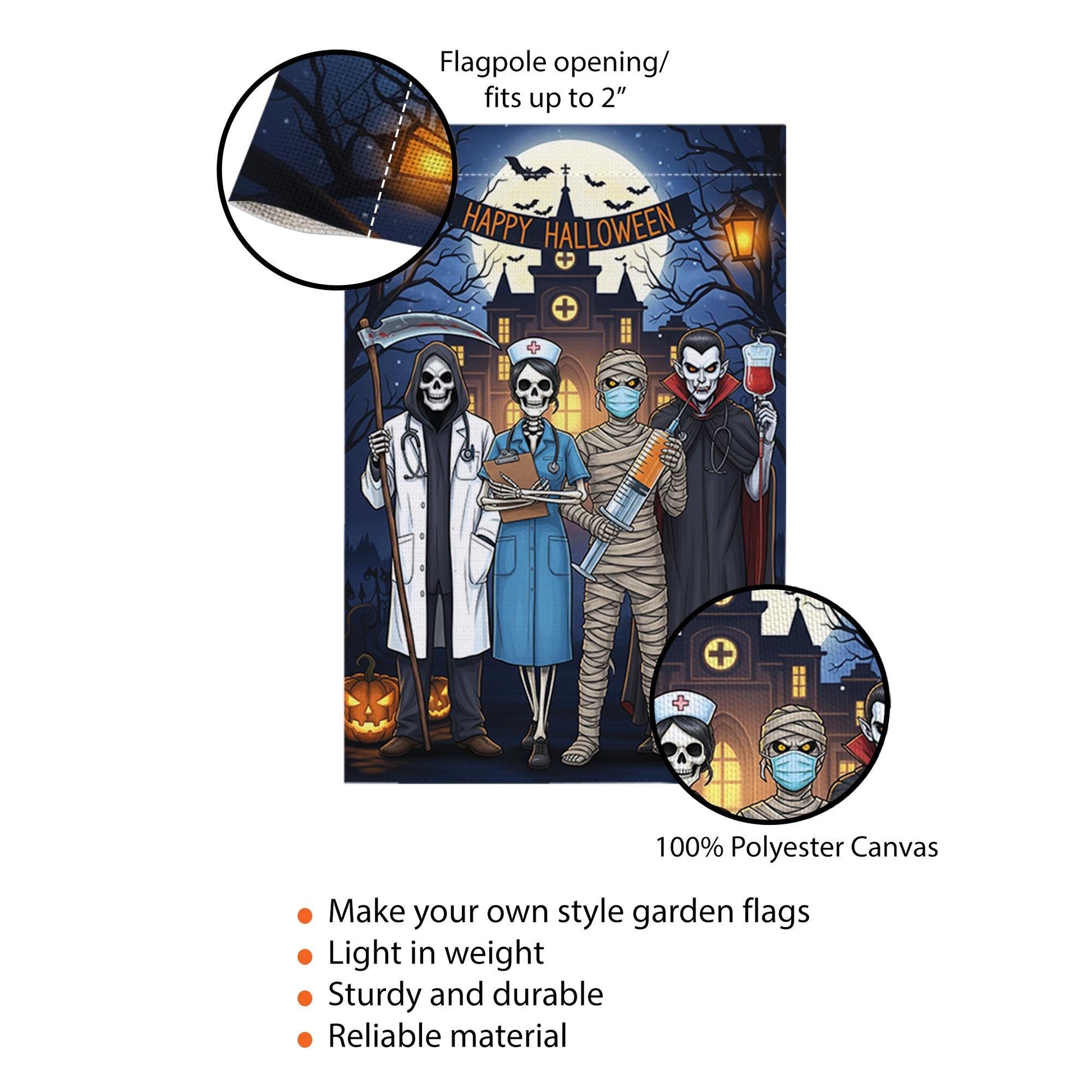 Halloween Medical Garden Flag | Doctor Nurse Vampire Mummy Yard Banner | Funny Spooky Outdoor Decor | Happy Halloween Hospital Flag