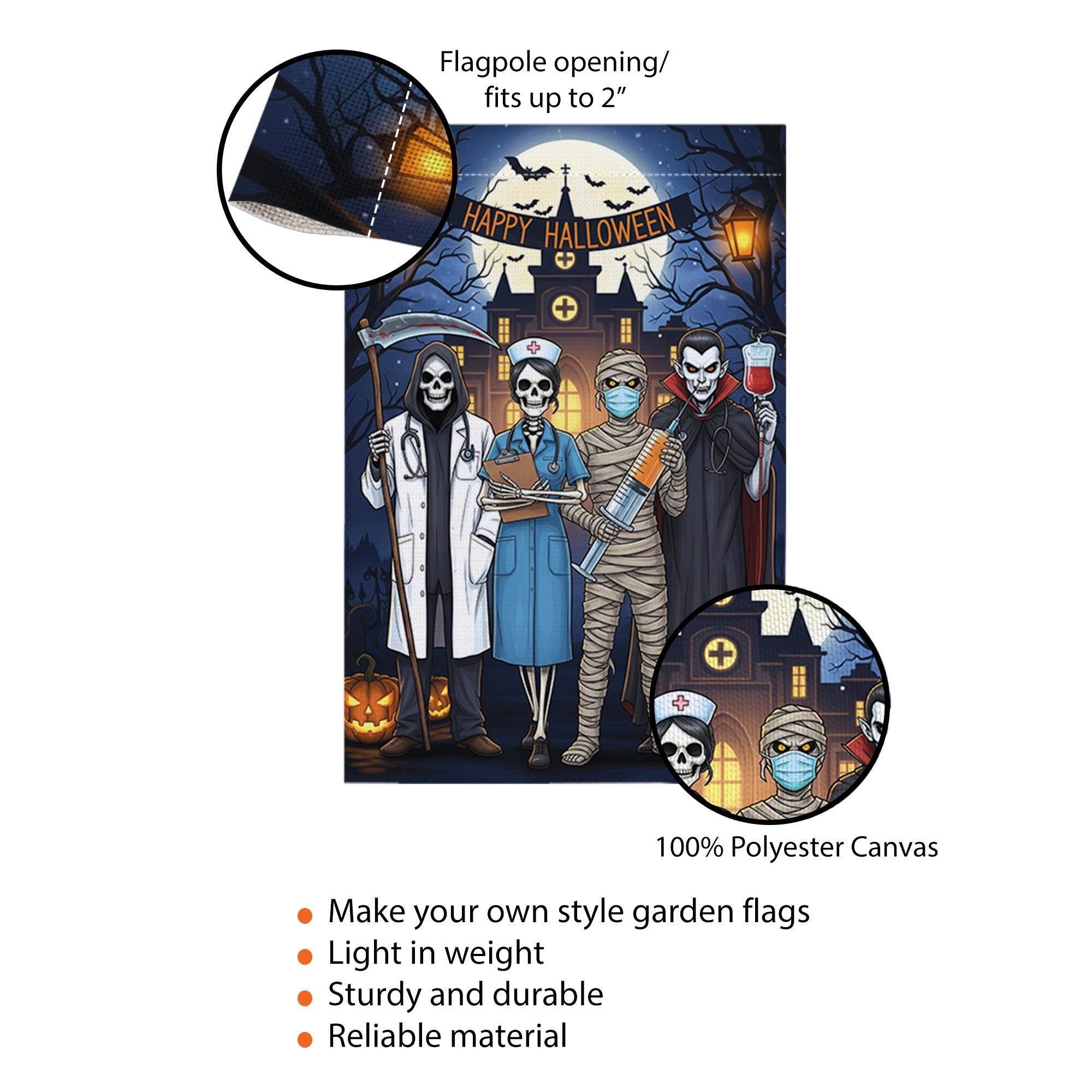 Halloween Medical Garden Flag | Doctor Nurse Vampire Mummy Yard Banner | Funny Spooky Outdoor Decor | Happy Halloween Hospital Flag