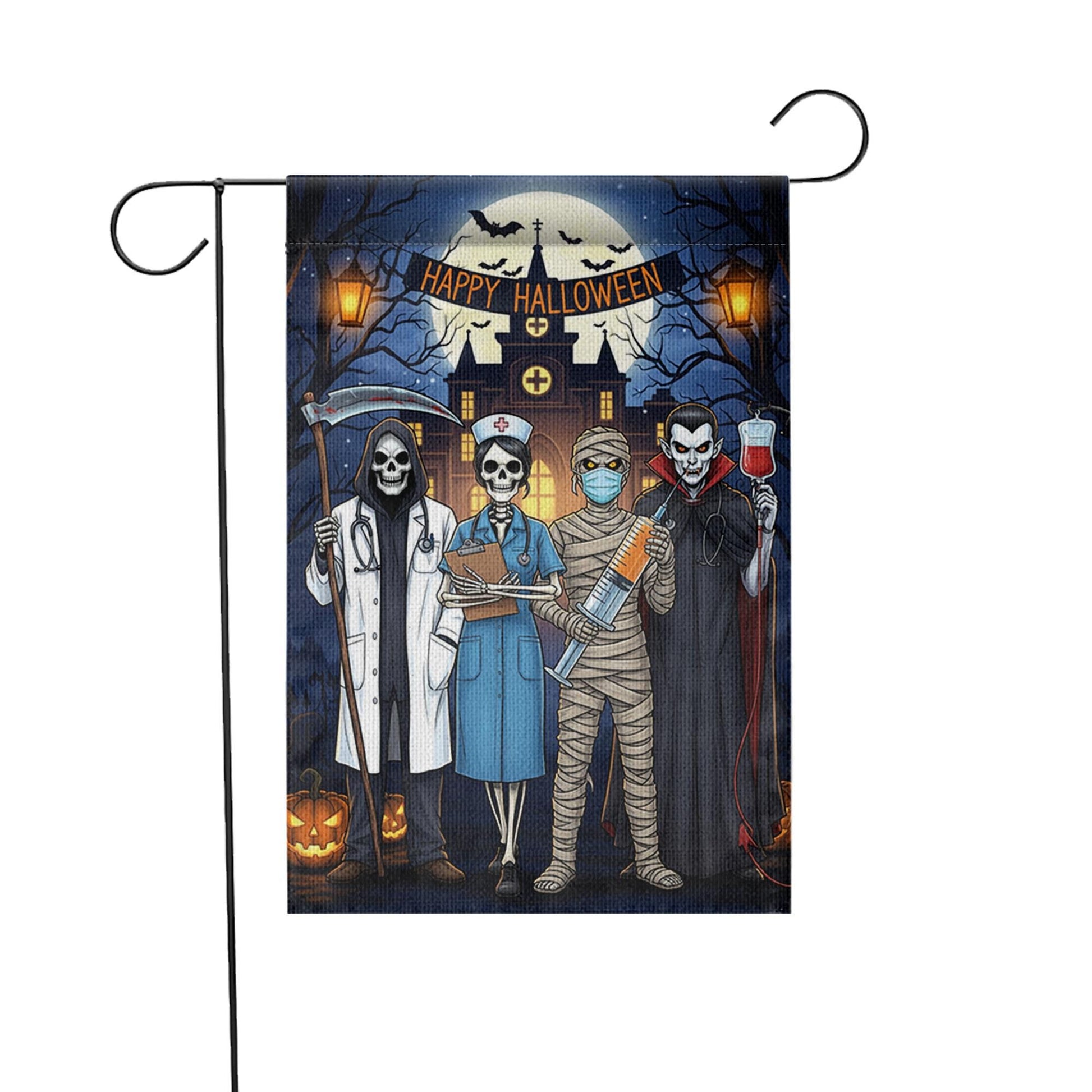 Halloween Medical Garden Flag | Doctor Nurse Vampire Mummy Yard Banner | Funny Spooky Outdoor Decor | Happy Halloween Hospital Flag