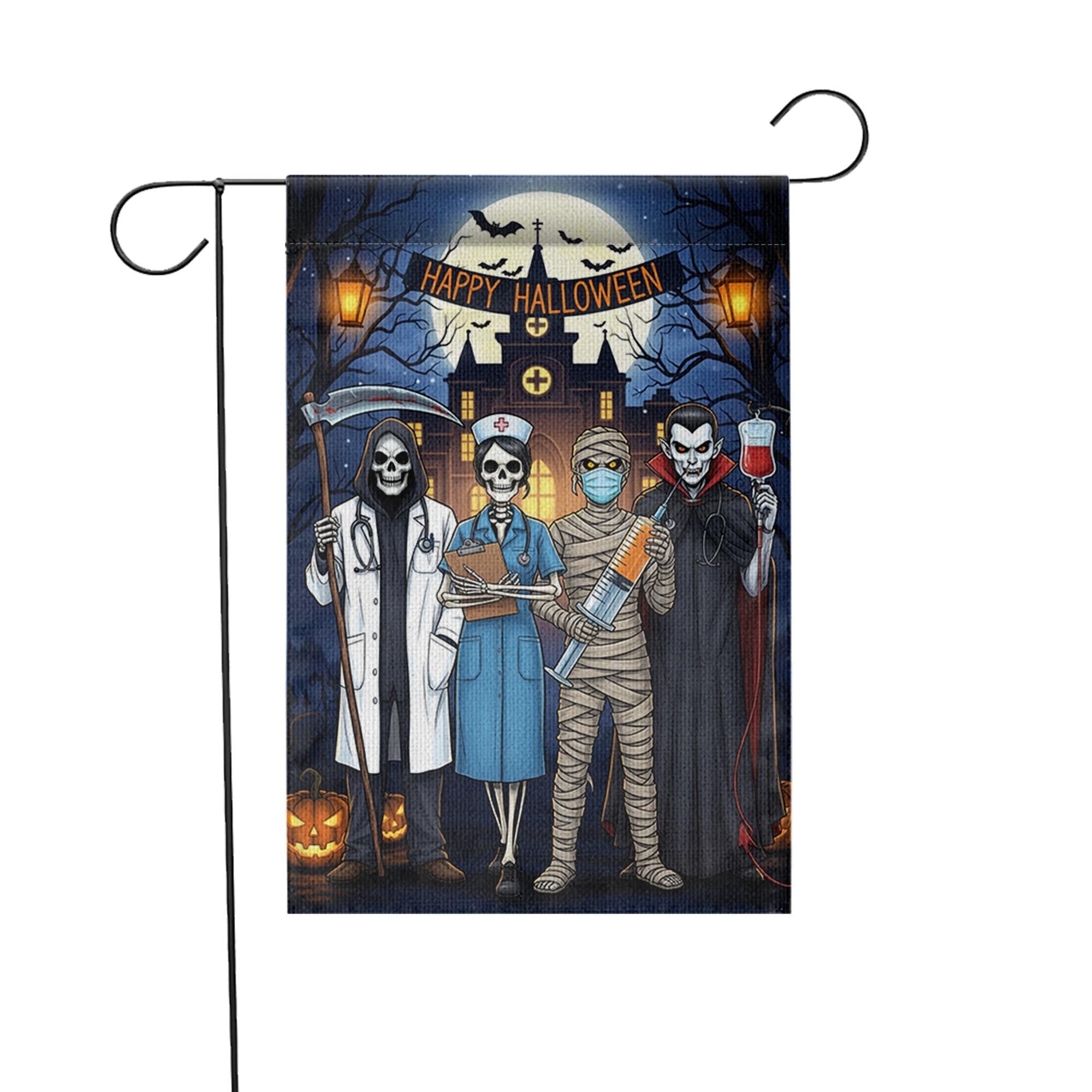 Halloween Medical Garden Flag | Doctor Nurse Vampire Mummy Yard Banner | Funny Spooky Outdoor Decor | Happy Halloween Hospital Flag