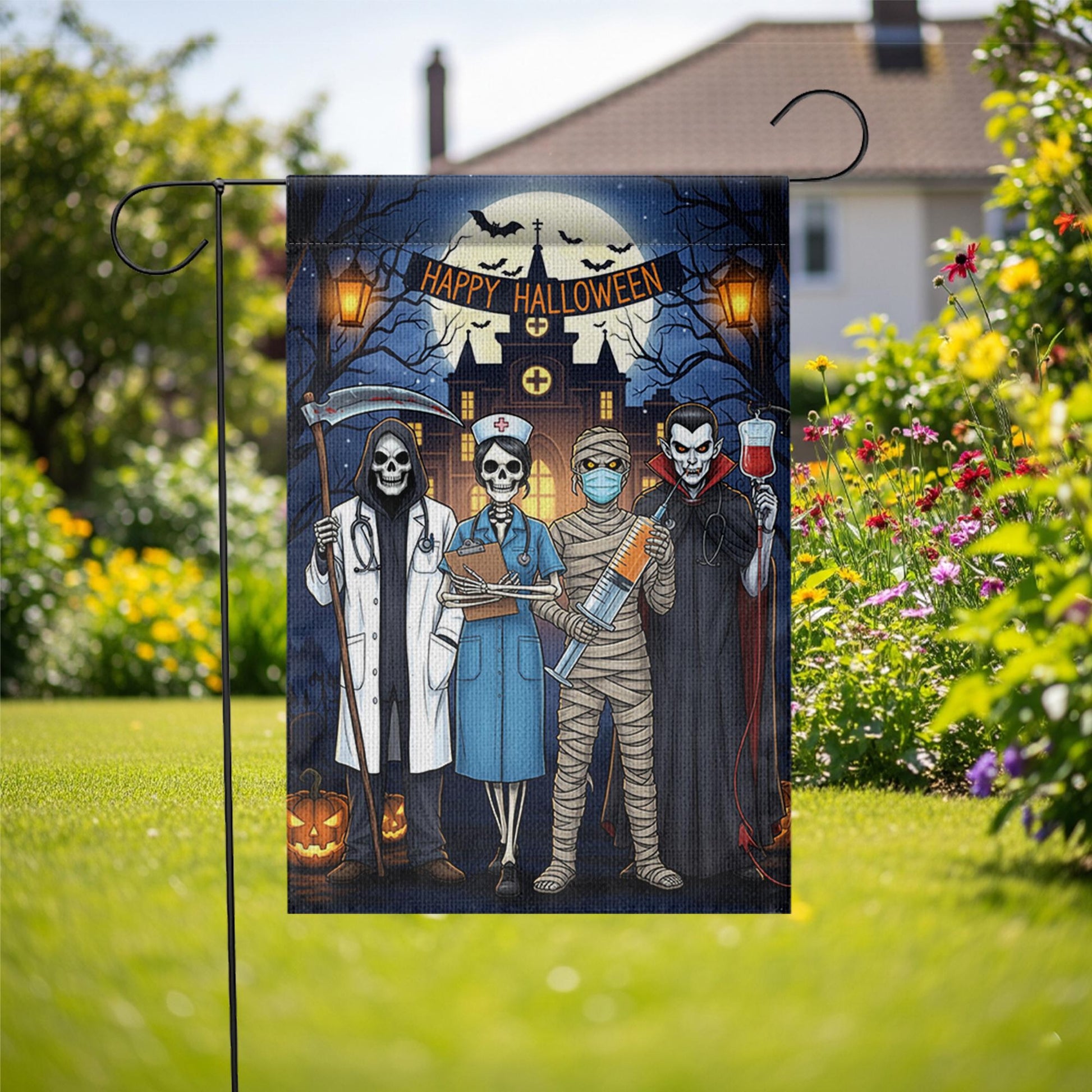 Halloween Medical Garden Flag | Doctor Nurse Vampire Mummy Yard Banner | Funny Spooky Outdoor Decor | Happy Halloween Hospital Flag