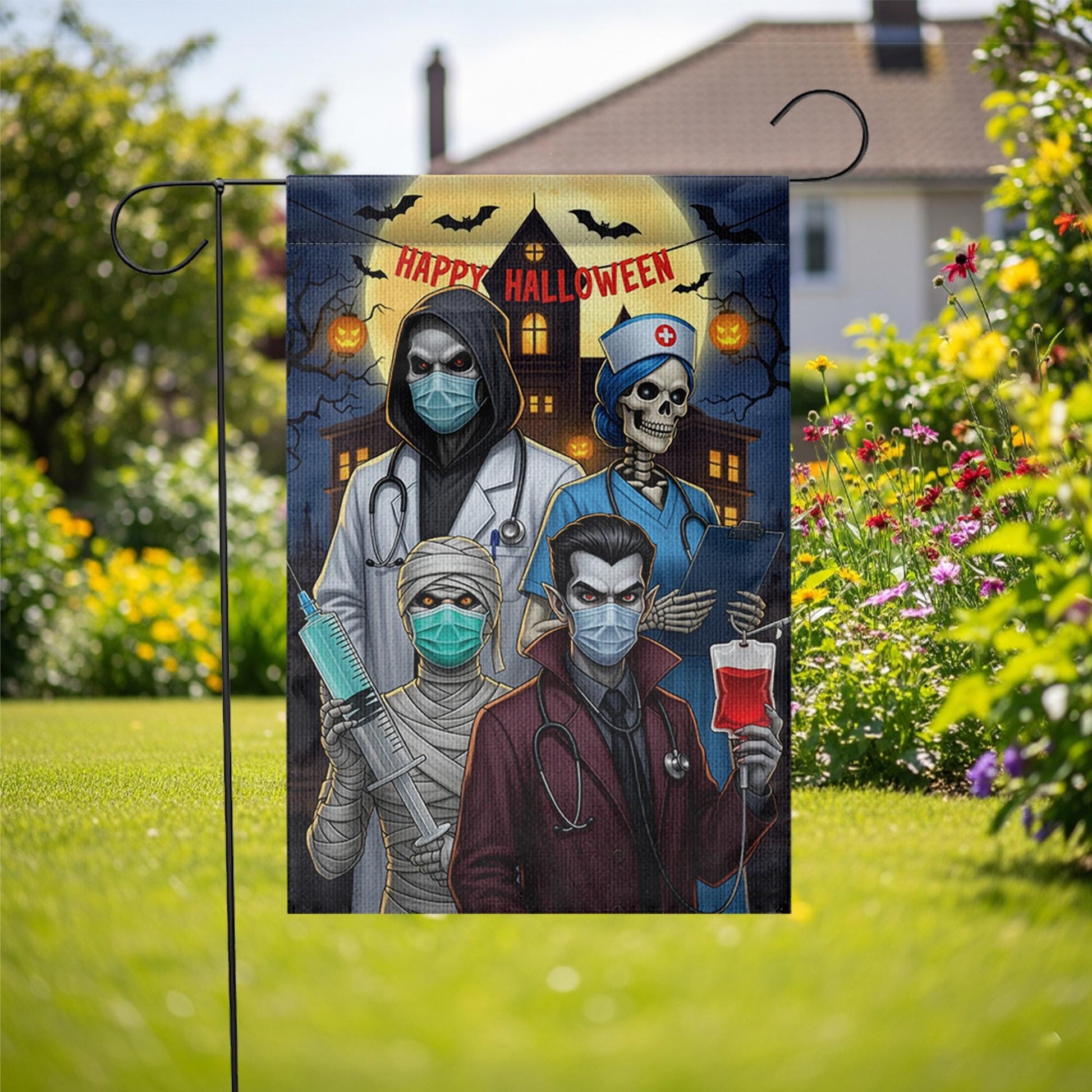 Halloween Medical Garden Flag | Funny Doctor Nurse Vampire Yard Banner | Spooky Healthcare Outdoor Decor | Happy Halloween House Flag