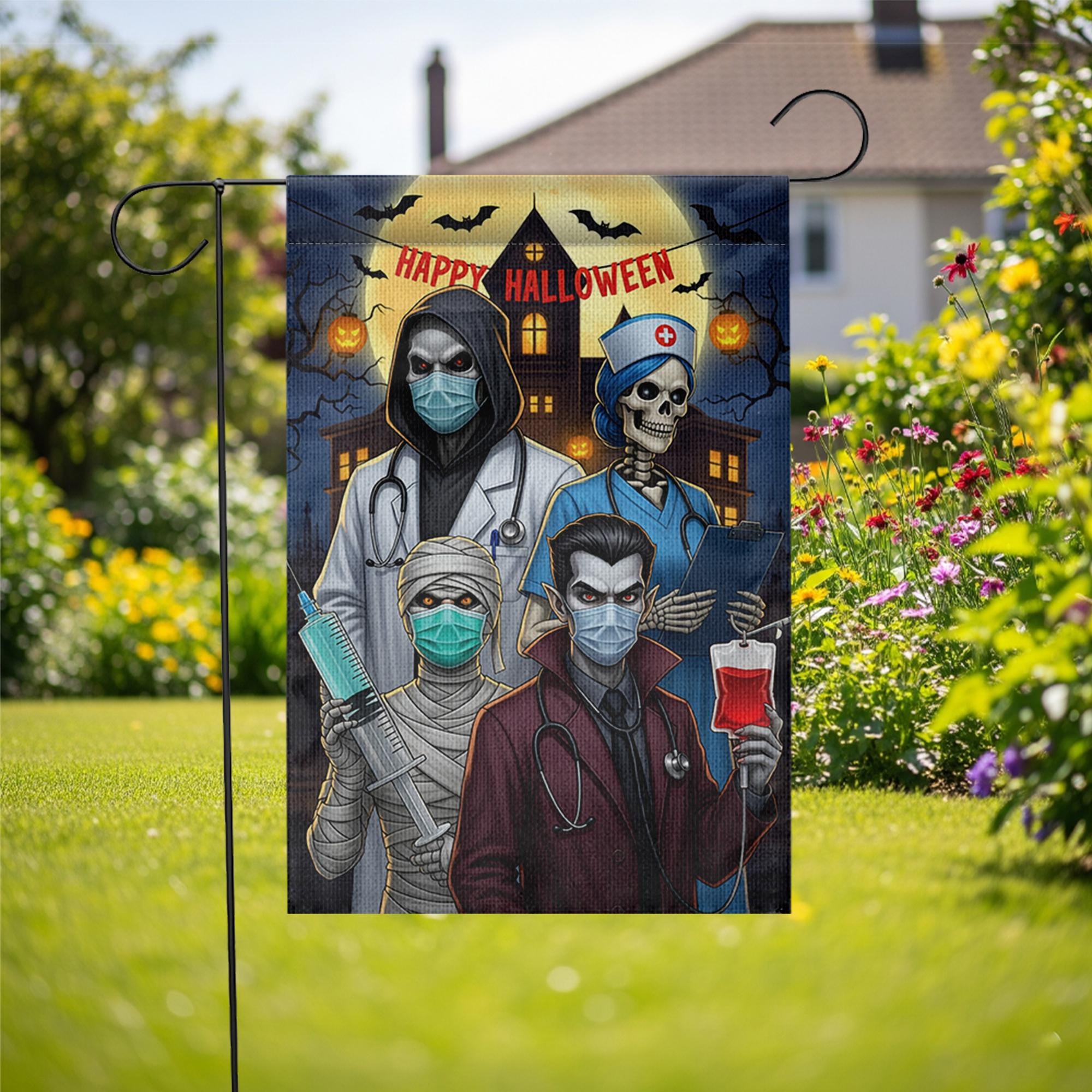 Halloween Medical Garden Flag | Funny Doctor Nurse Vampire Yard Banner | Spooky Healthcare Outdoor Decor | Happy Halloween House Flag