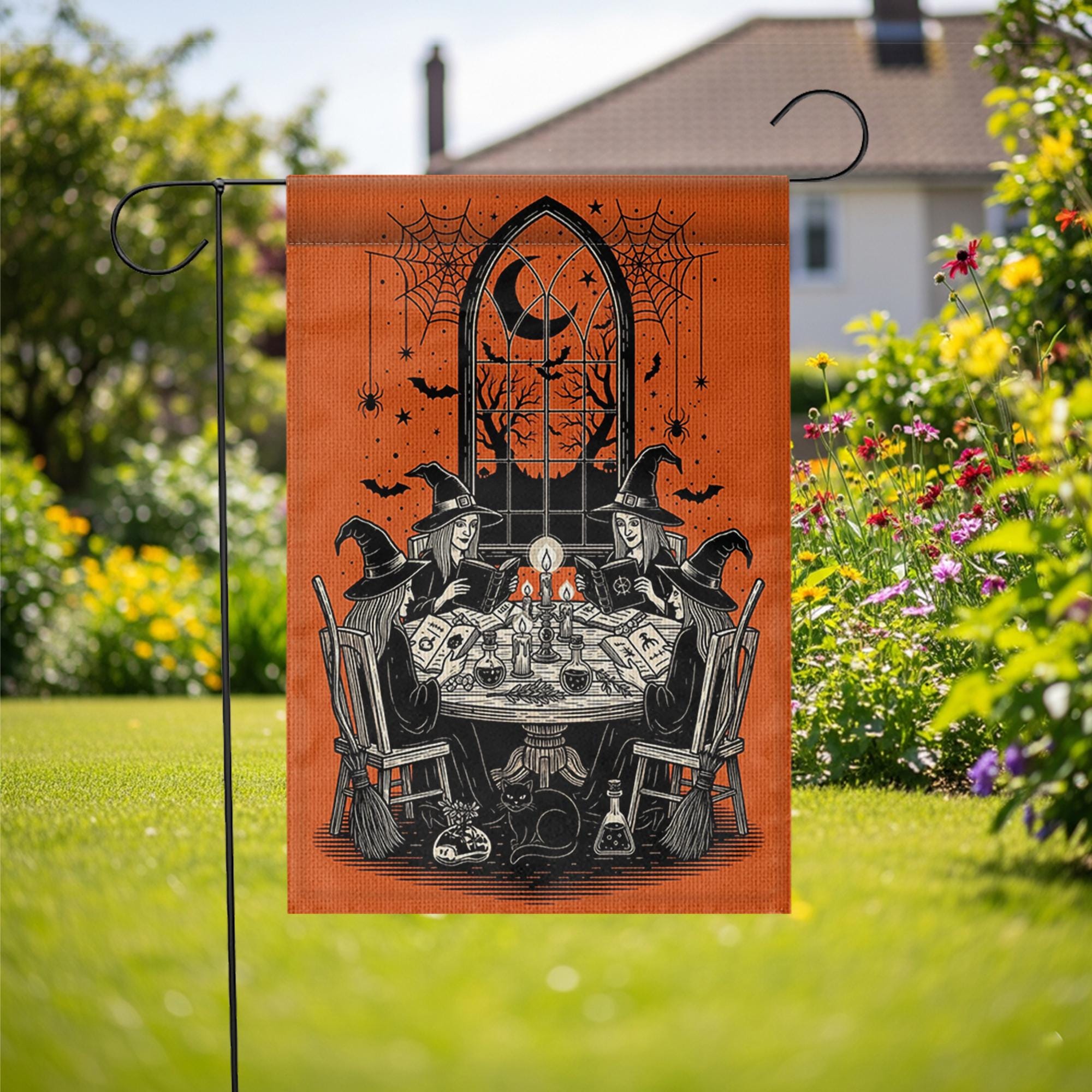 Witch Gathering Garden Flag | Halloween Witch Coven Yard Banner | Spooky Gothic Outdoor Decor | Vintage Witches House Flag