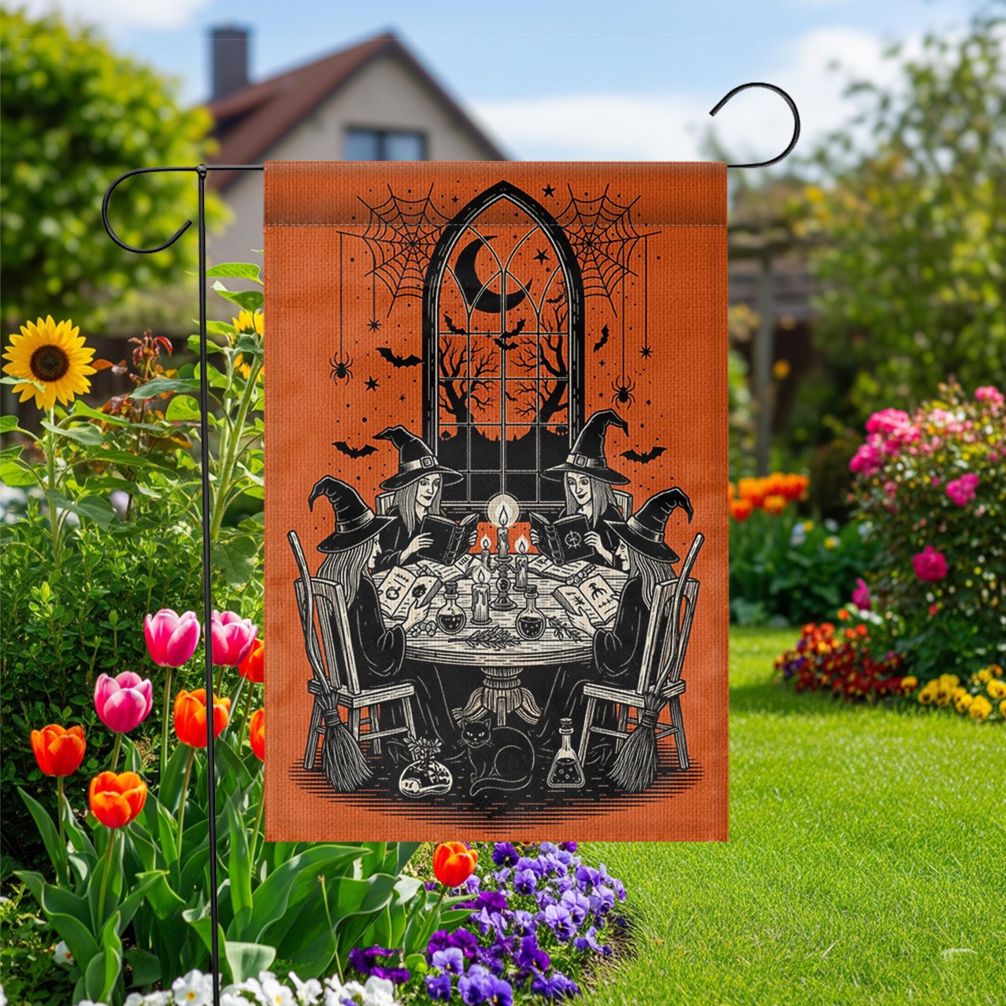 Witch Gathering Garden Flag | Halloween Witch Coven Yard Banner | Spooky Gothic Outdoor Decor | Vintage Witches House Flag