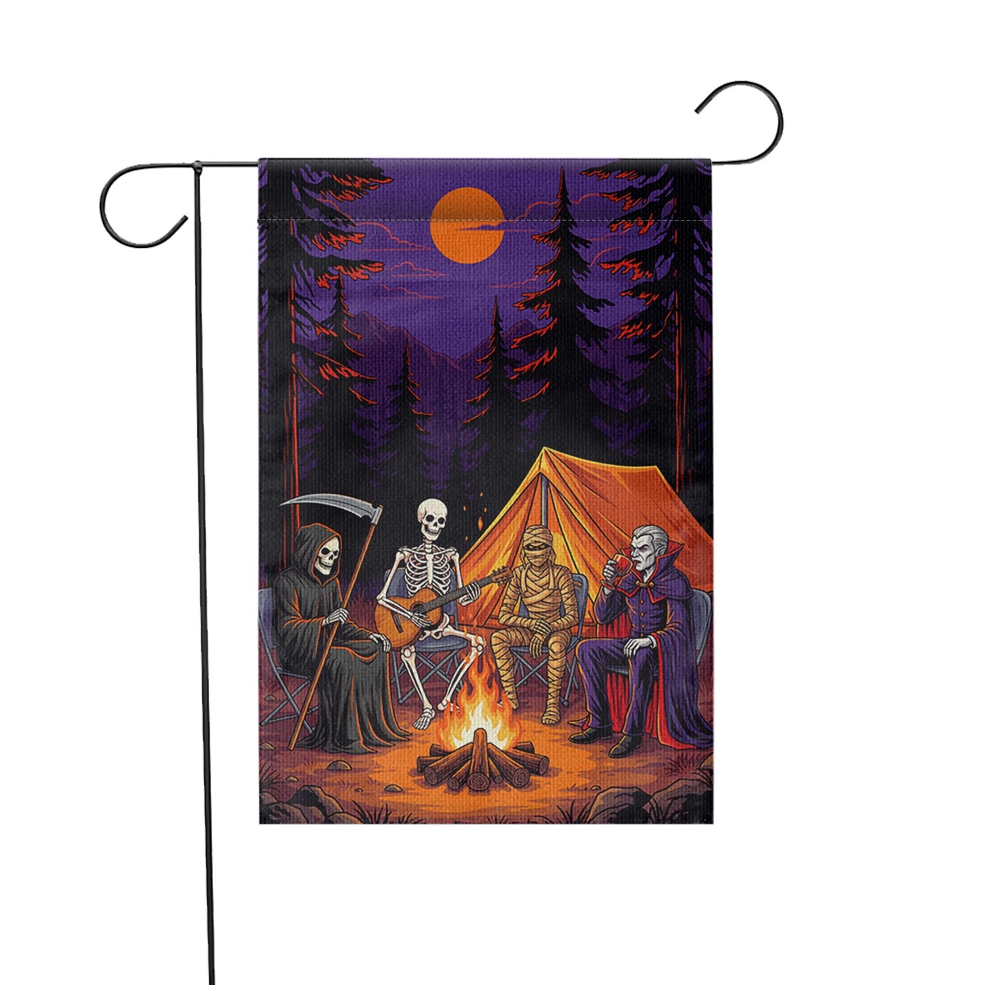 Halloween Camping Garden Flag | Spooky Campfire Skeleton Vampire Yard Banner | Funny Outdoor Fall Decor | Horror Camp House Flag