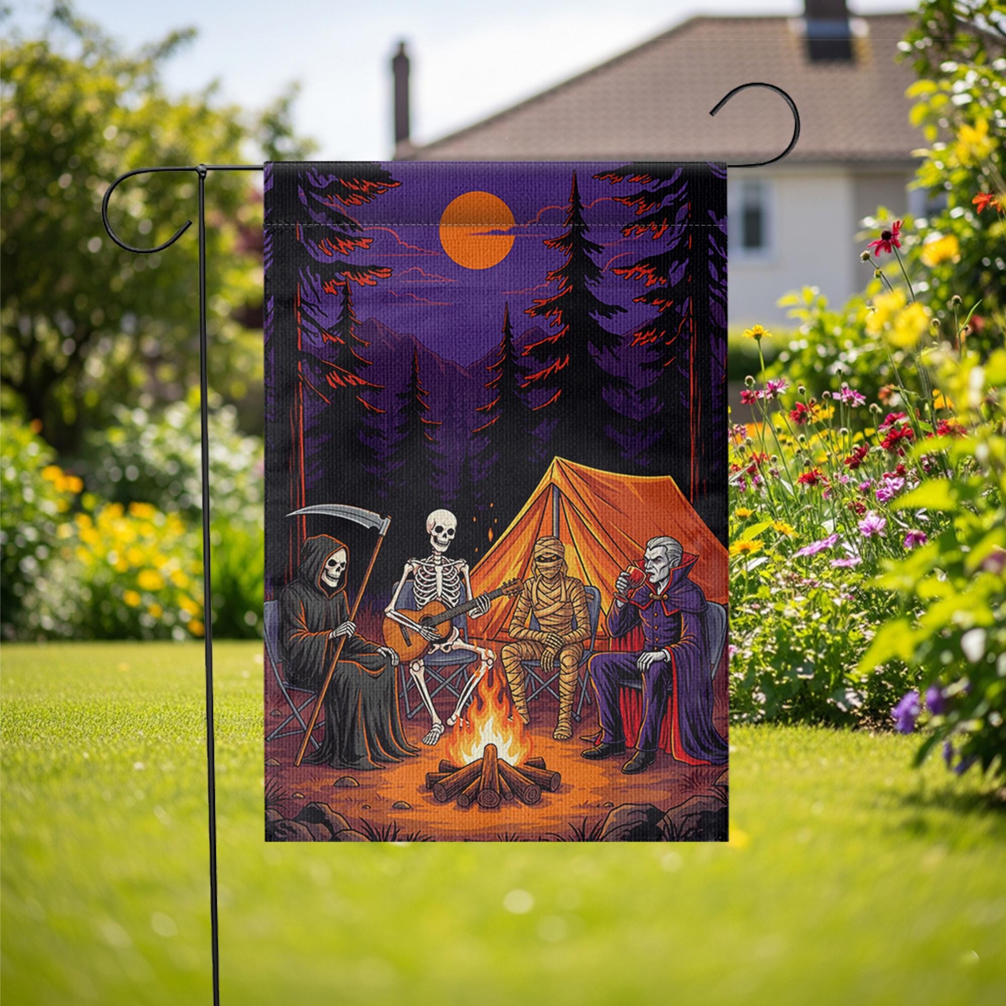 Halloween Camping Garden Flag | Spooky Campfire Skeleton Vampire Yard Banner | Funny Outdoor Fall Decor | Horror Camp House Flag
