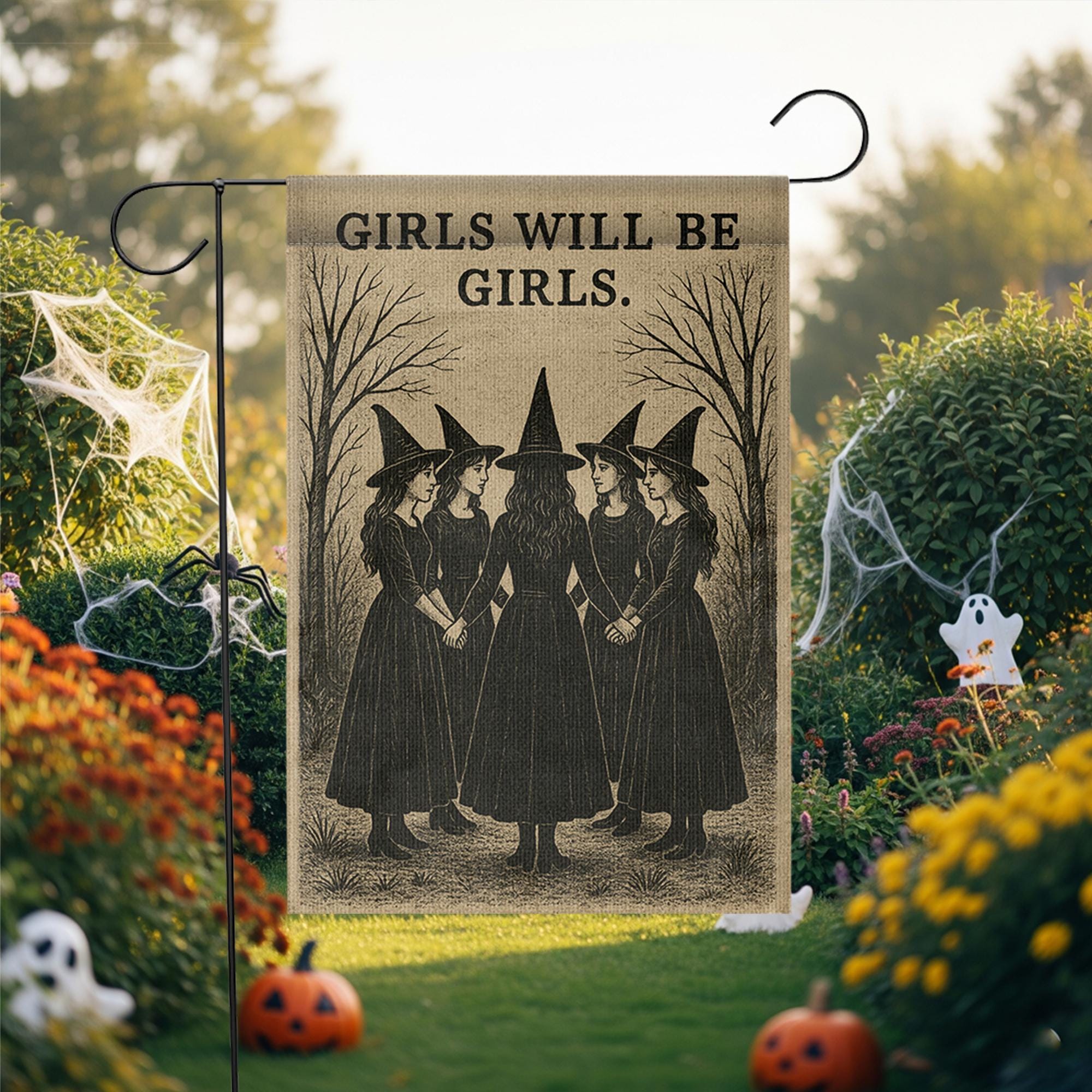 Girls Will Be Girls Witch Garden Flag - Vintage Gothic Halloween Yard Decor, Coven Witches Banner, Spooky Feminist Outdoor Sign