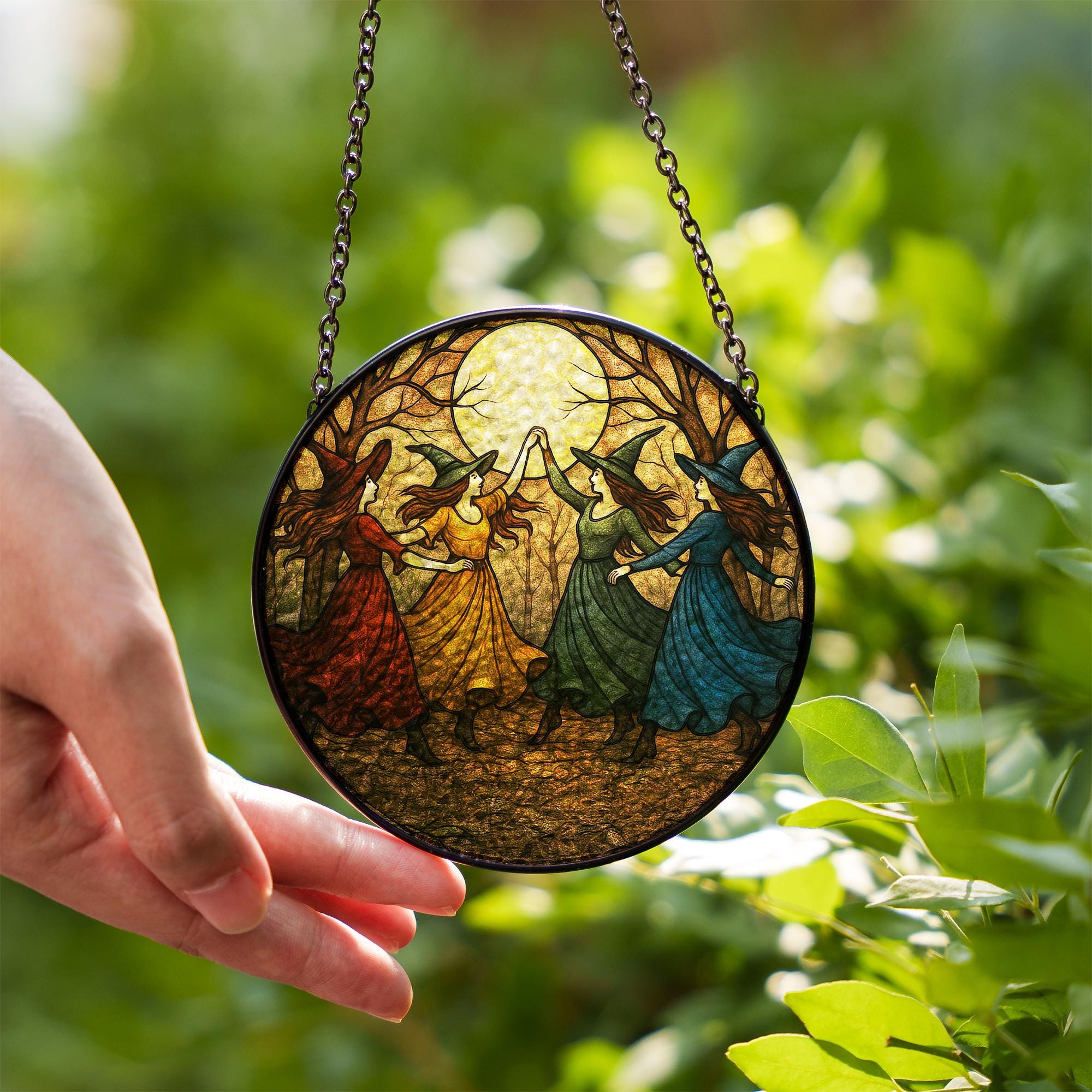 Dancing Witches Glass Window Hanging - Feminist Witch Suncatcher, Pagan Sisterhood Decor, Coven Moon Gift for Her