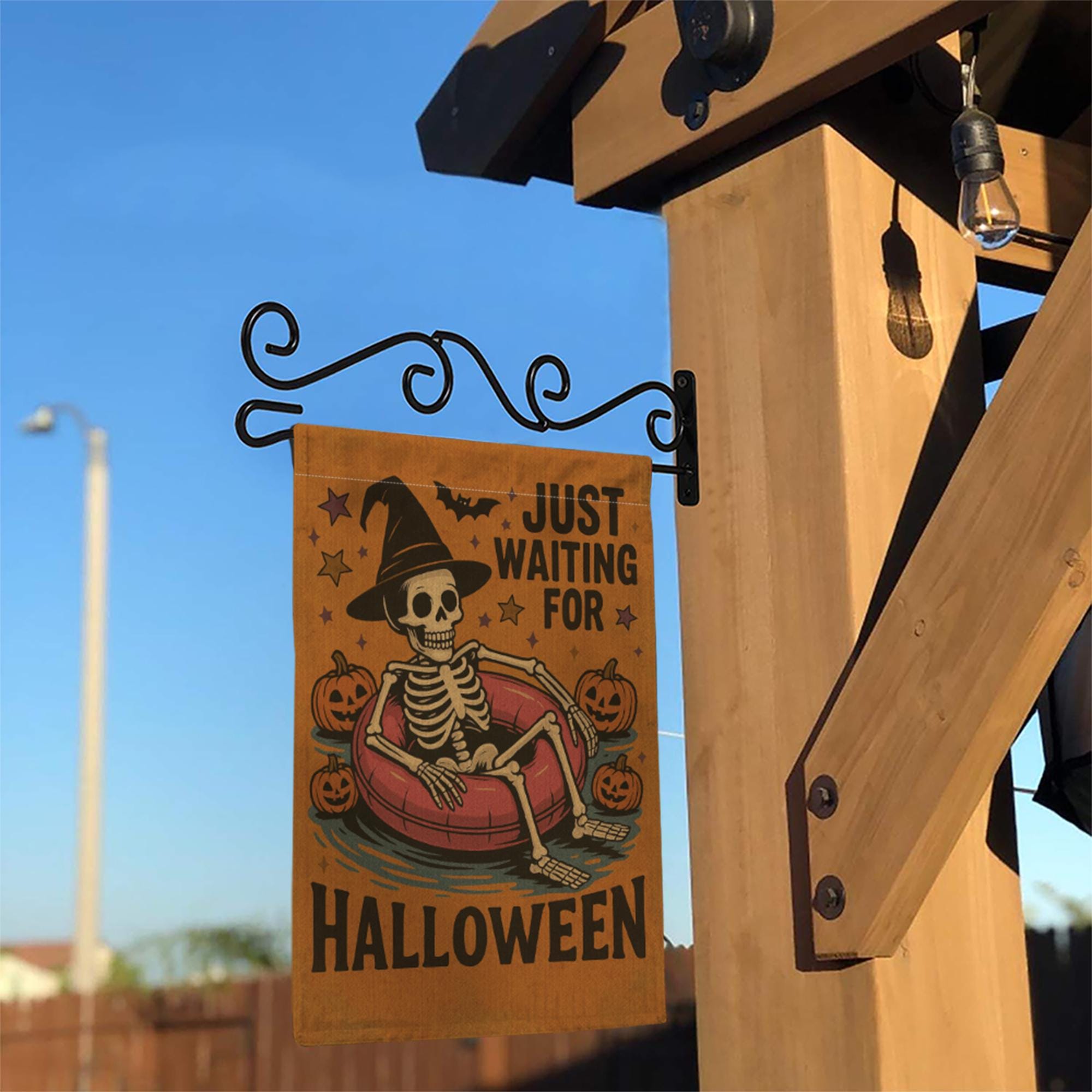 Just Waiting for Halloween Garden Flag - Funny Skeleton Yard Decor, Spooky Witch Hat Outdoor Sign, Fall Pumpkin Halloween Banner