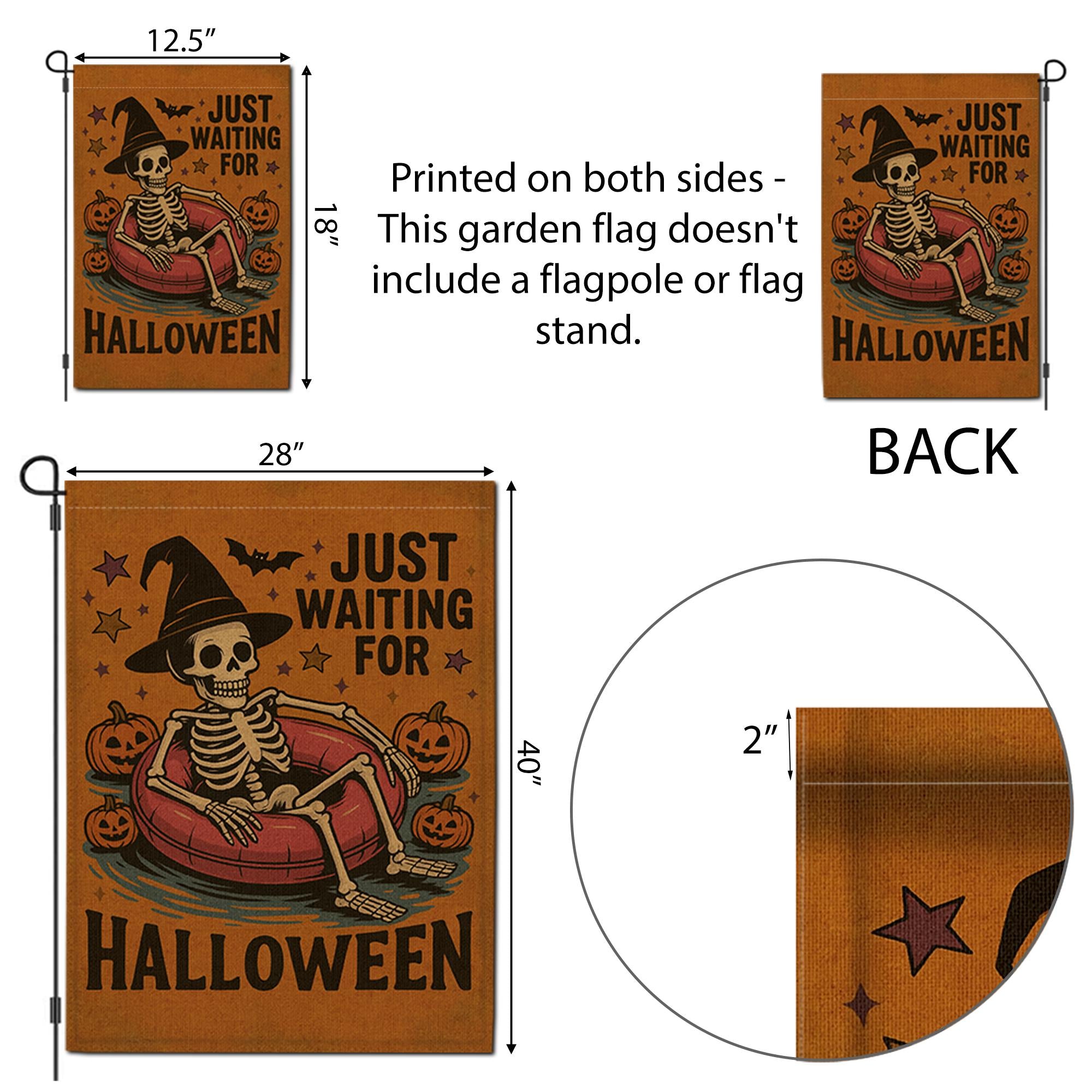Just Waiting for Halloween Garden Flag - Funny Skeleton Yard Decor, Spooky Witch Hat Outdoor Sign, Fall Pumpkin Halloween Banner
