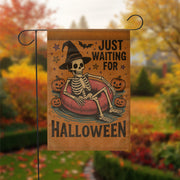 Just Waiting for Halloween Garden Flag - Funny Skeleton Yard Decor, Spooky Witch Hat Outdoor Sign, Fall Pumpkin Halloween Banner