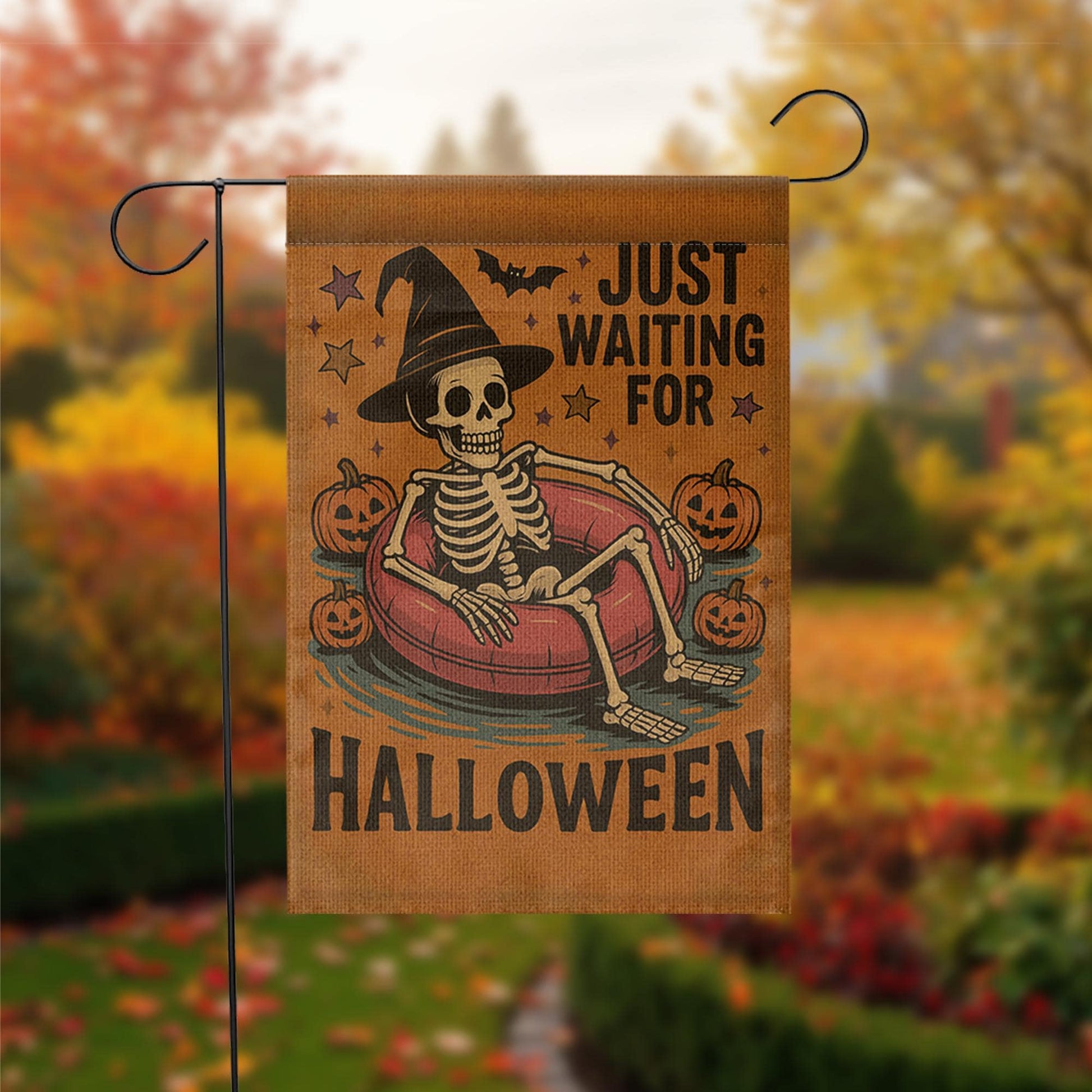 Just Waiting for Halloween Garden Flag - Funny Skeleton Yard Decor, Spooky Witch Hat Outdoor Sign, Fall Pumpkin Halloween Banner