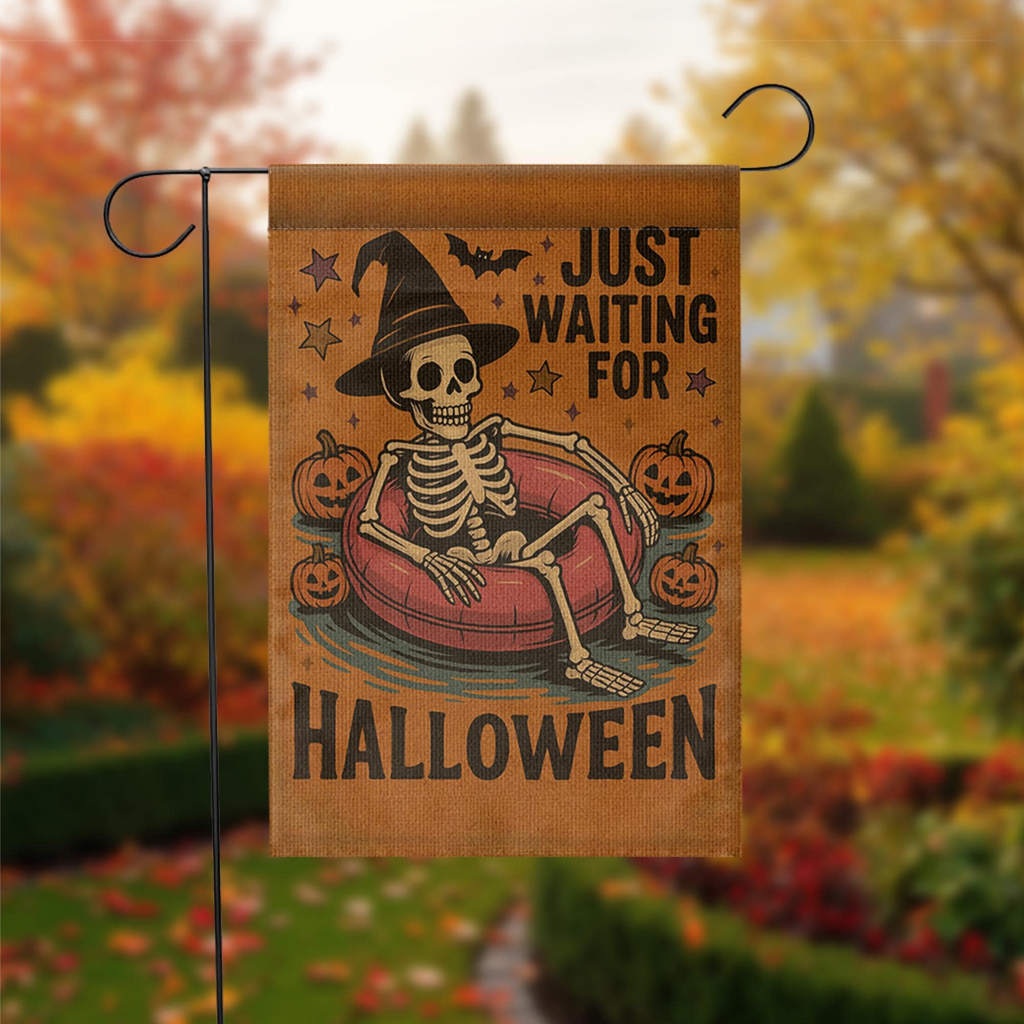 Just Waiting for Halloween Garden Flag - Funny Skeleton Yard Decor, Spooky Witch Hat Outdoor Sign, Fall Pumpkin Halloween Banner