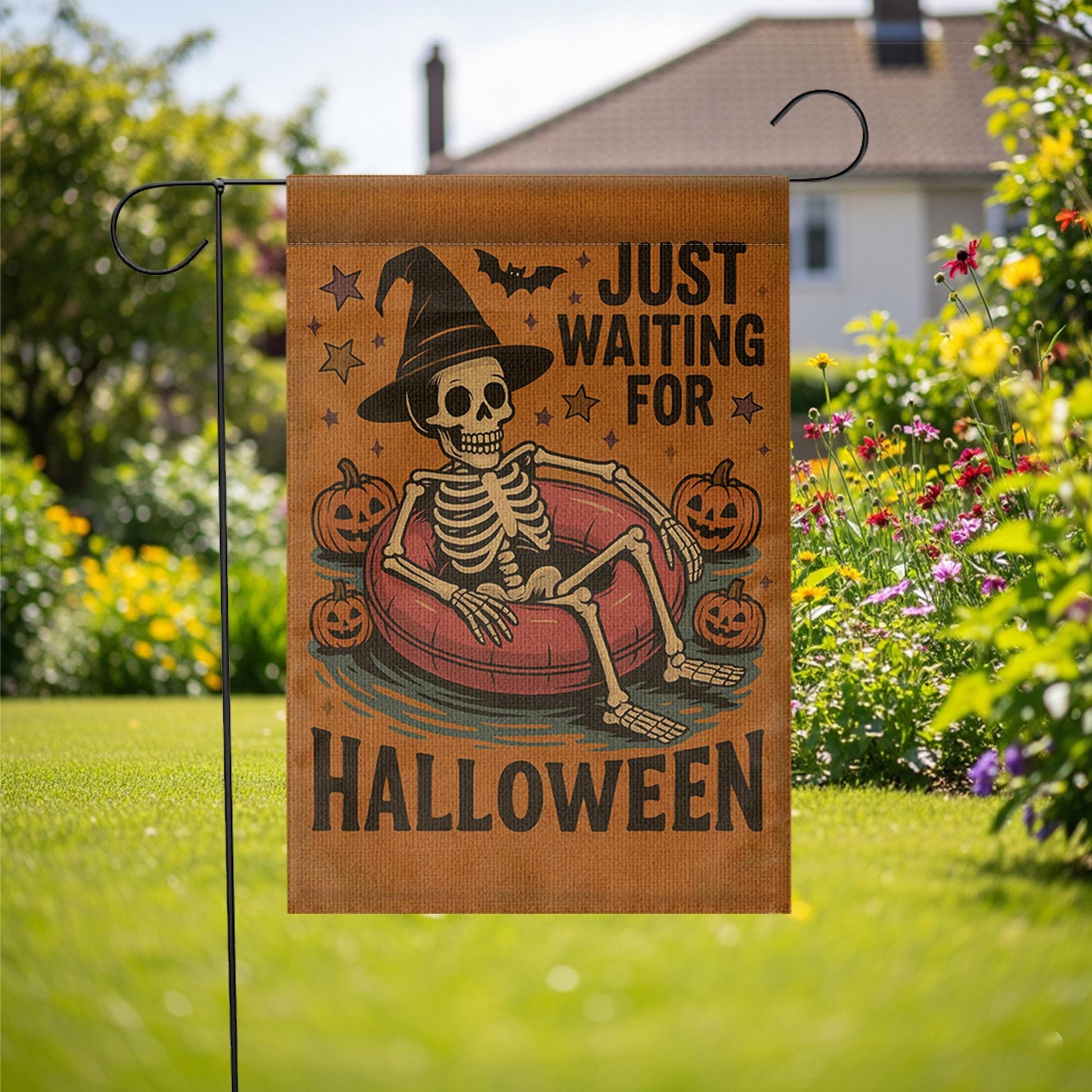 Just Waiting for Halloween Garden Flag - Funny Skeleton Yard Decor, Spooky Witch Hat Outdoor Sign, Fall Pumpkin Halloween Banner