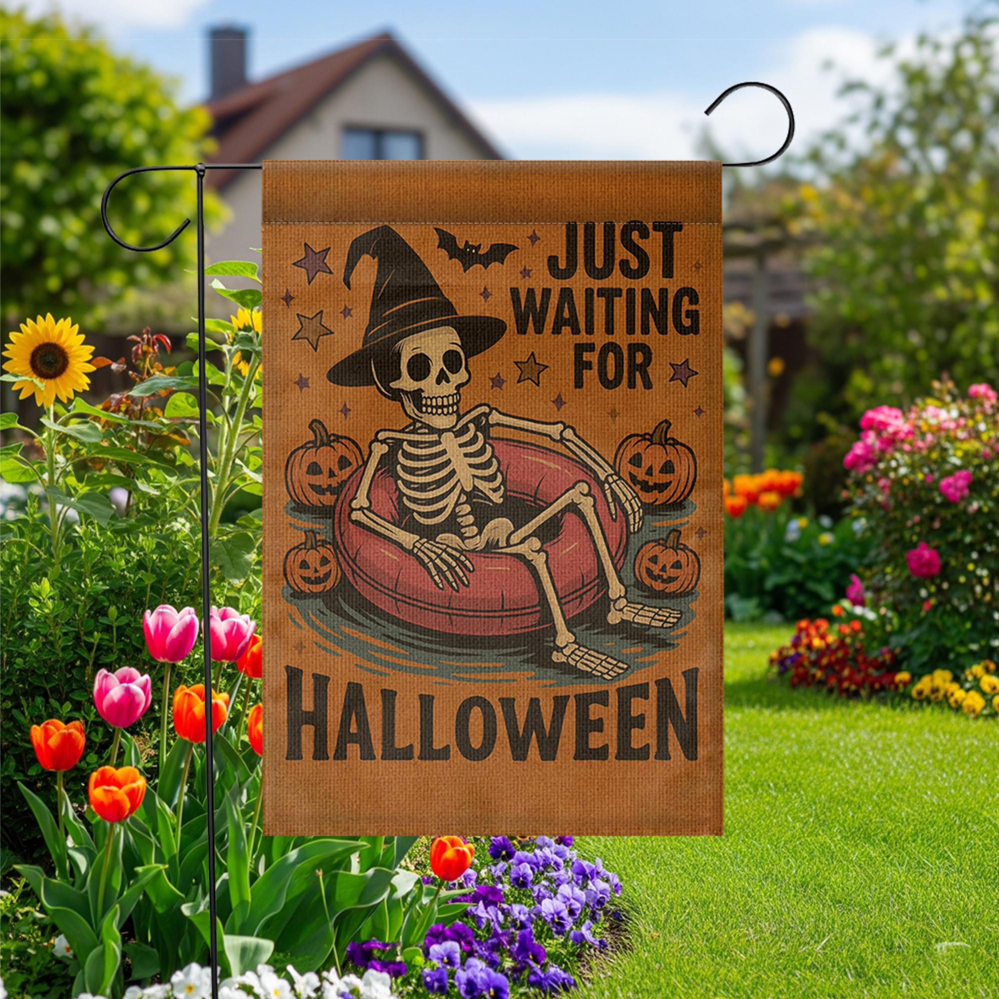 Just Waiting for Halloween Garden Flag - Funny Skeleton Yard Decor, Spooky Witch Hat Outdoor Sign, Fall Pumpkin Halloween Banner