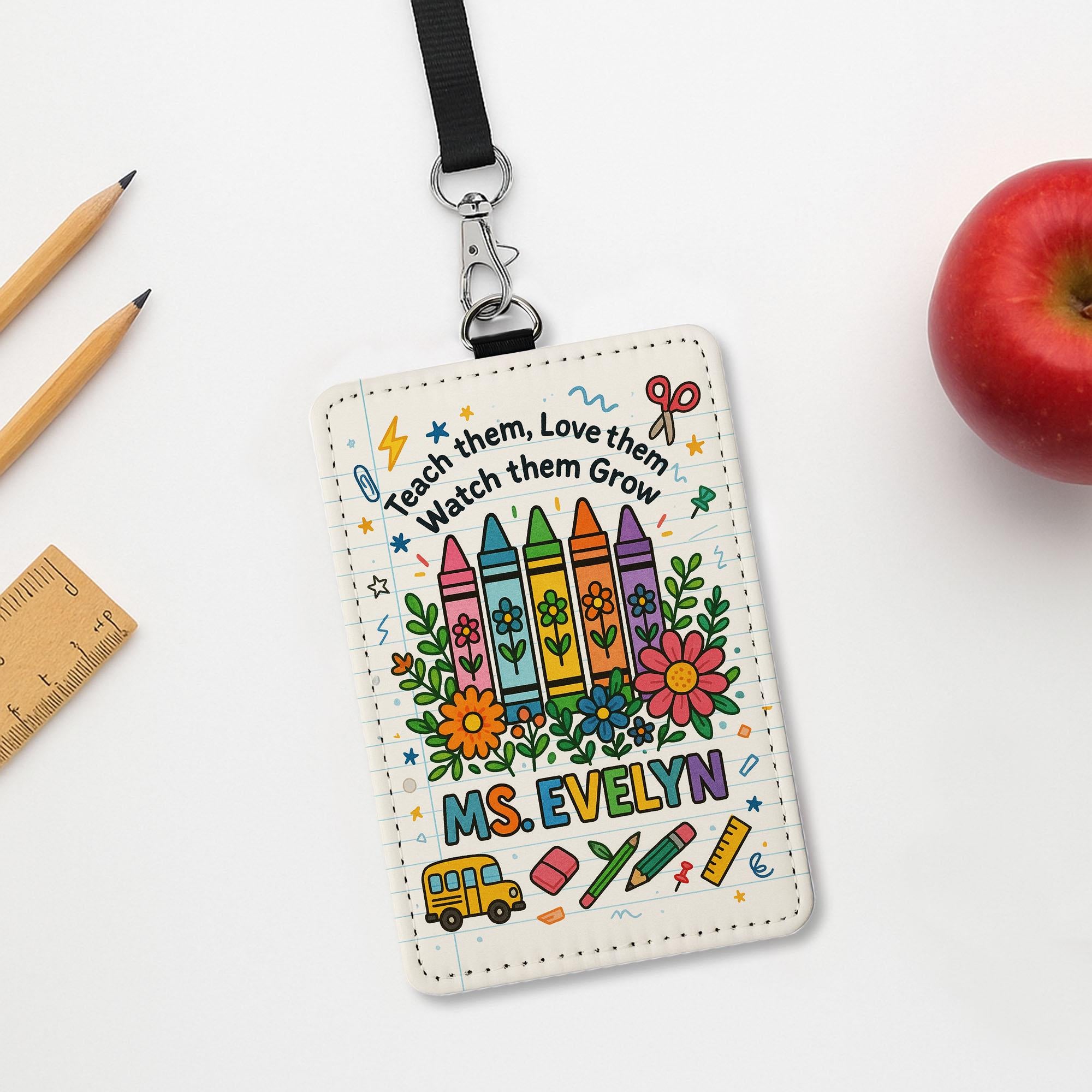 Teacher Badge Holder, Crayon Floral ID Tag, Teach Love Grow Card Case, Back to School Gift, Colorful Educator Lanyard Accessory