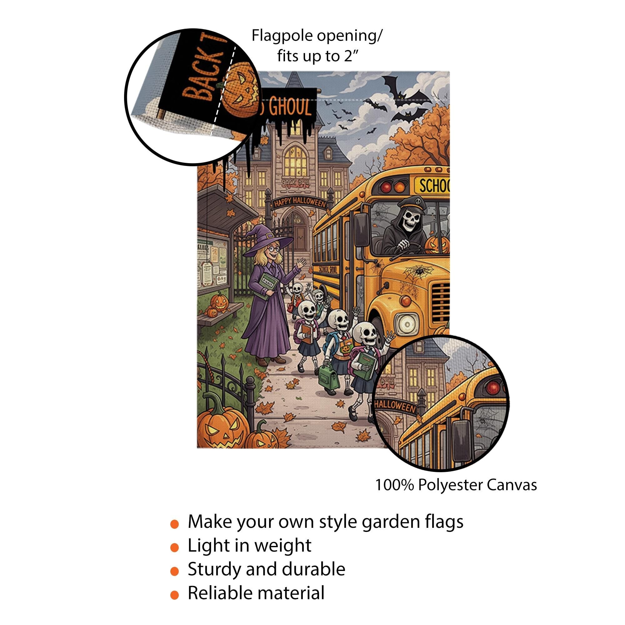 Back to Ghoul Garden Flag | Funny School Bus Skeleton Yard Banner | Spooky Teacher Halloween Decor | Fall Outdoor House Flag