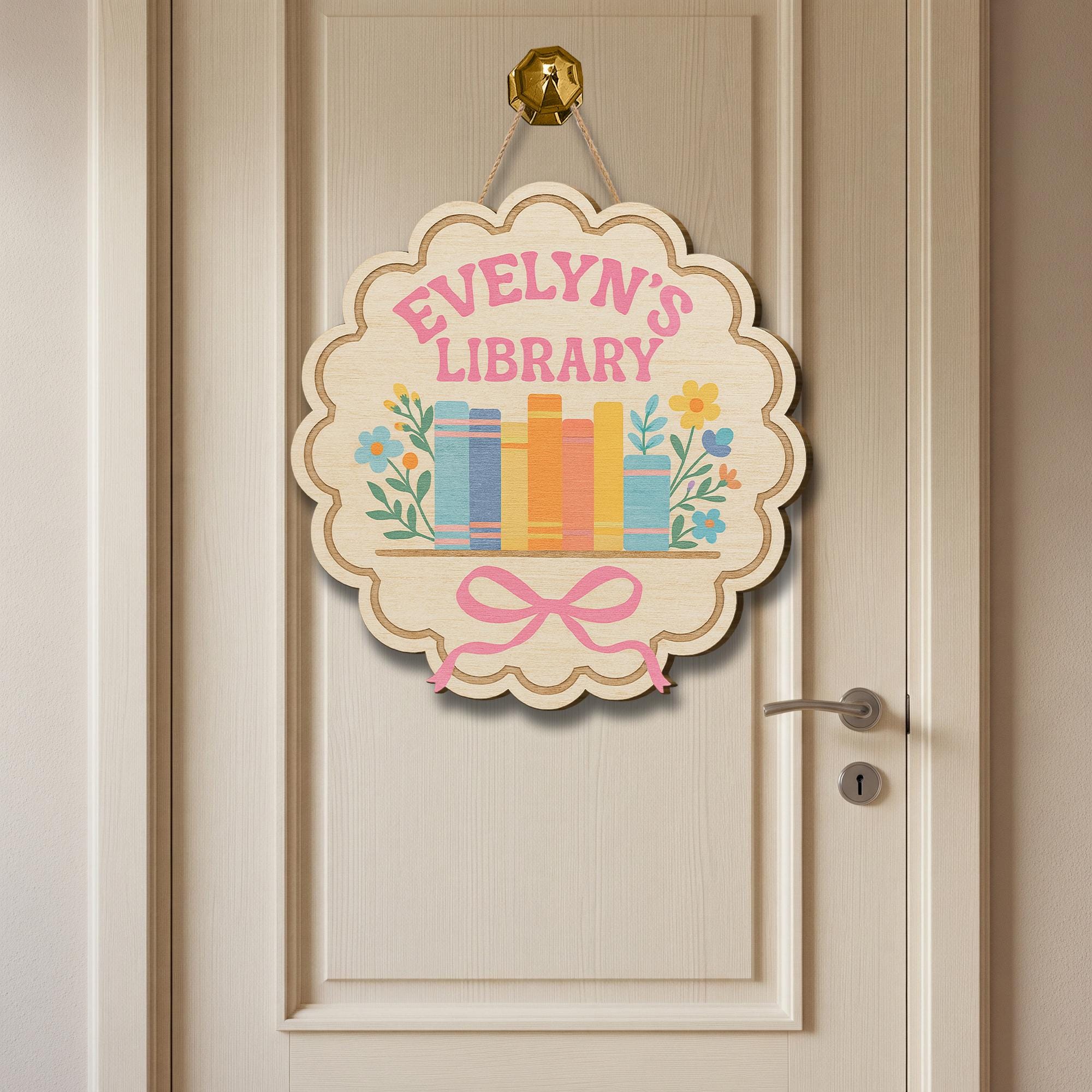 Personalized Library Wooden Sign, Kids Book Room Door Hanger, Custom Name Floral Decor, Reading Nook Wall Plaque, Book Lover Gift