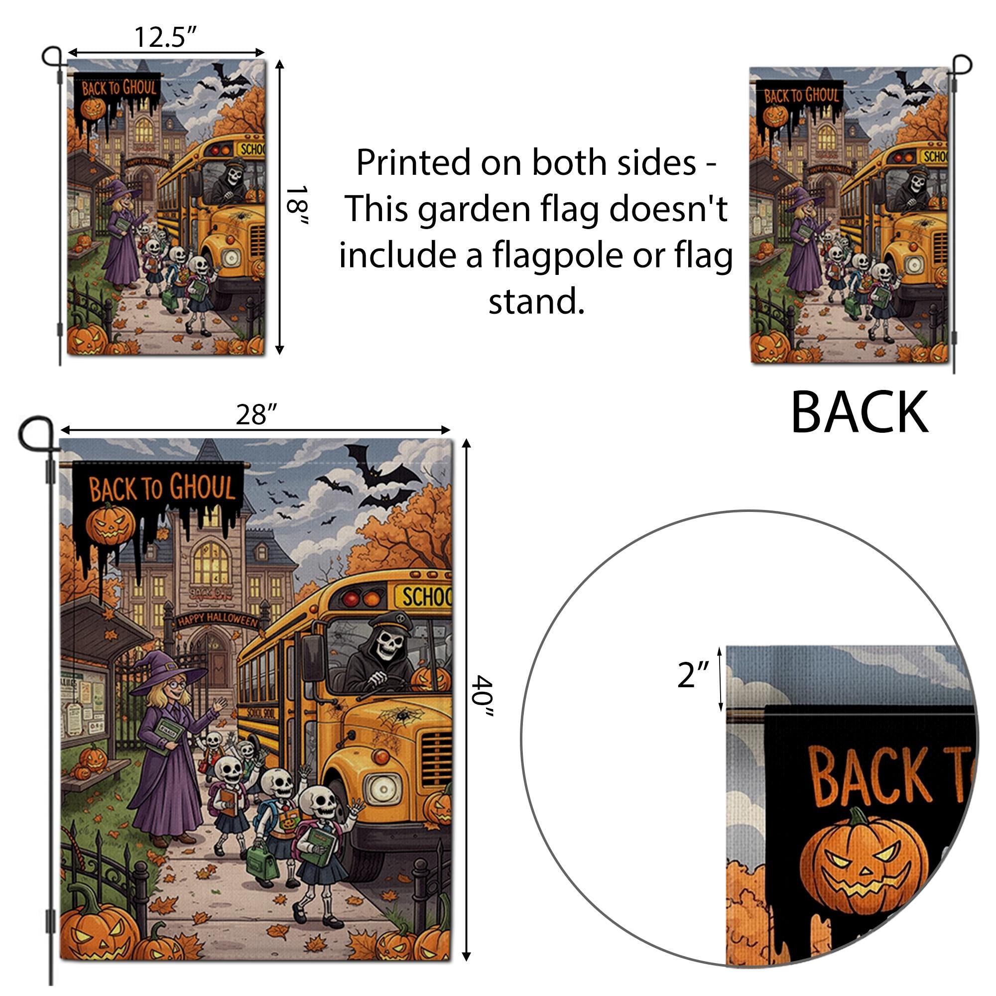 Back to Ghoul Garden Flag | Funny School Bus Skeleton Yard Banner | Spooky Teacher Halloween Decor | Fall Outdoor House Flag