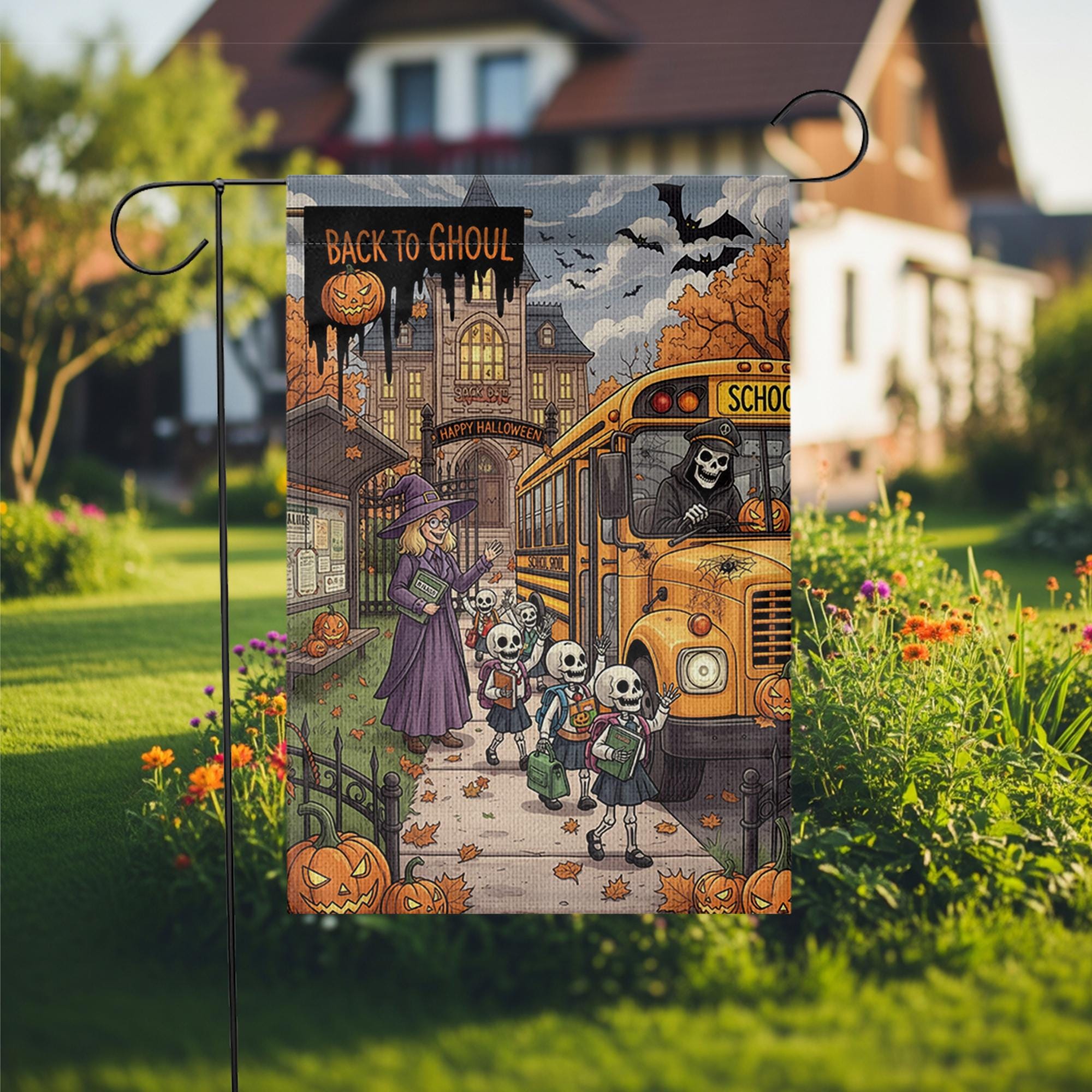 Back to Ghoul Garden Flag | Funny School Bus Skeleton Yard Banner | Spooky Teacher Halloween Decor | Fall Outdoor House Flag