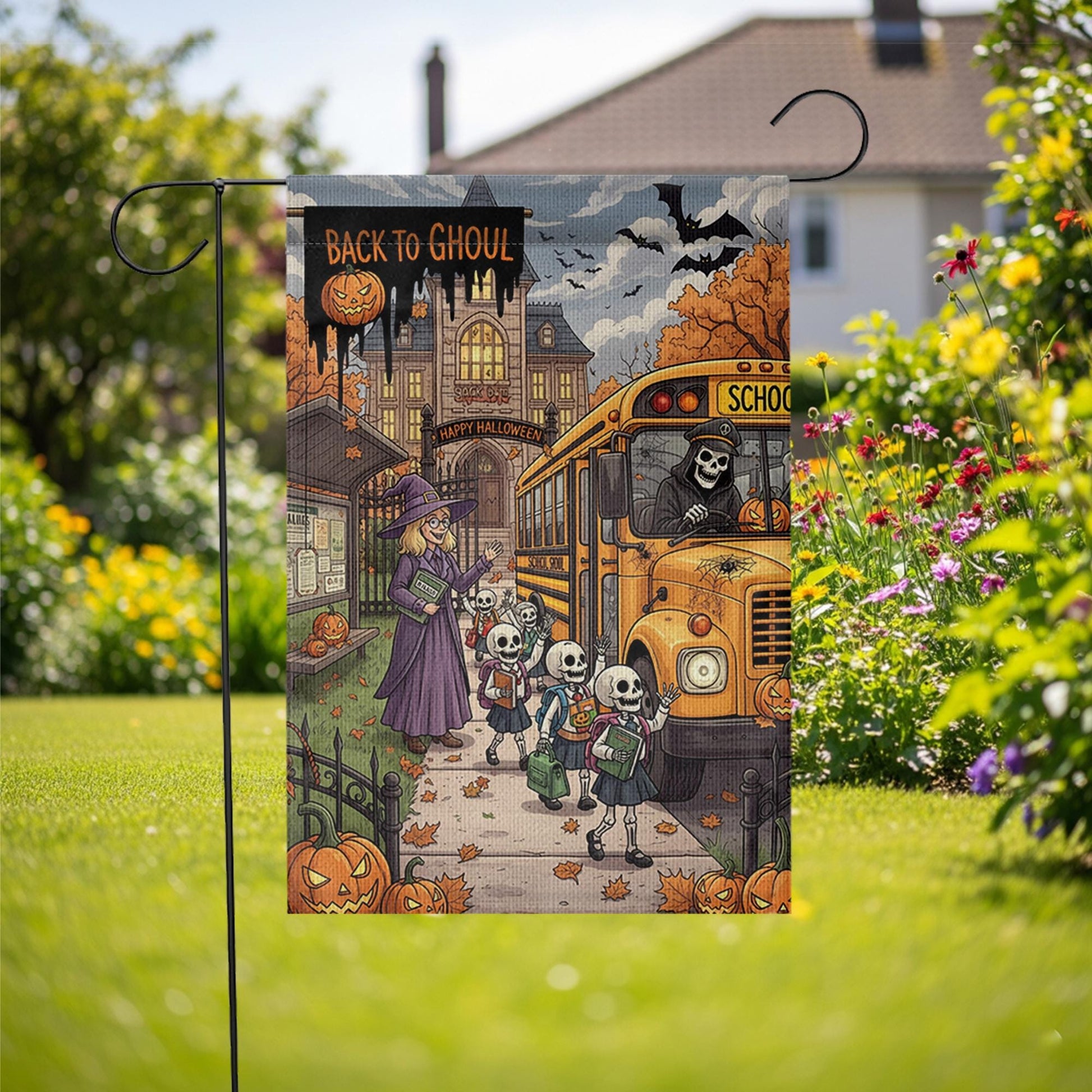 Back to Ghoul Garden Flag | Funny School Bus Skeleton Yard Banner | Spooky Teacher Halloween Decor | Fall Outdoor House Flag