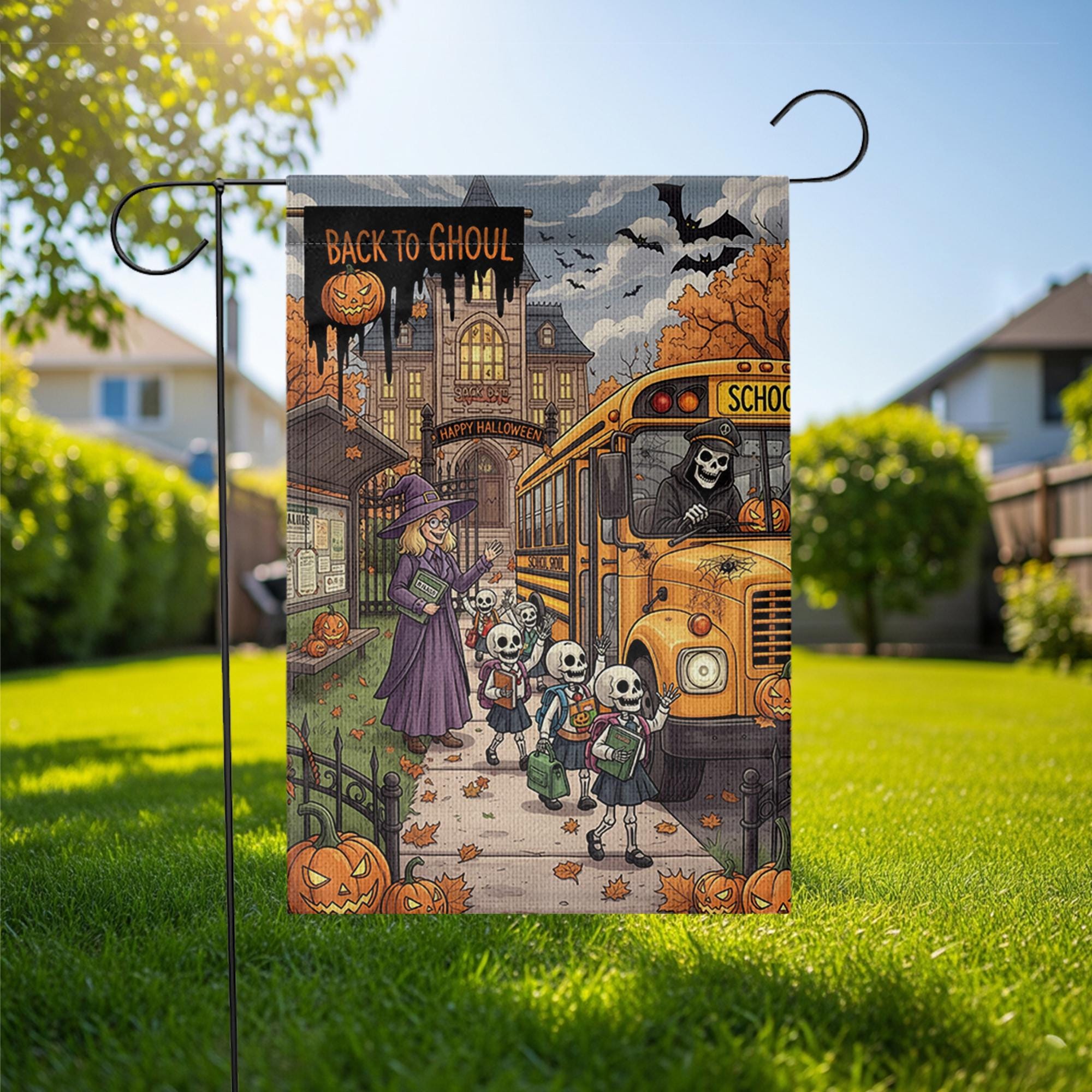 Back to Ghoul Garden Flag | Funny School Bus Skeleton Yard Banner | Spooky Teacher Halloween Decor | Fall Outdoor House Flag