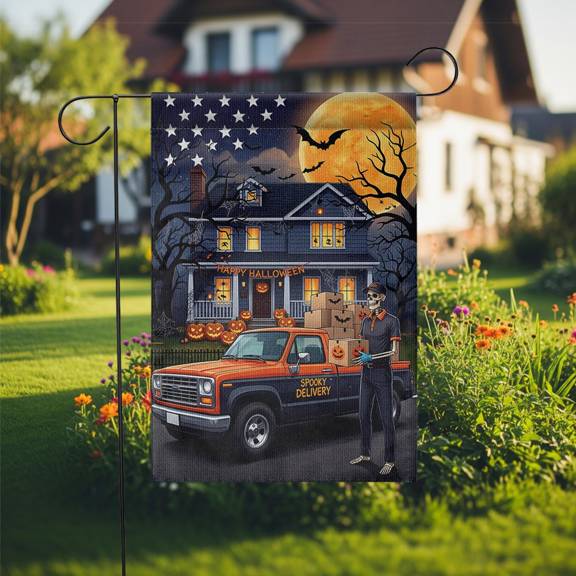 Spooky Delivery Halloween Garden Flag | Skeleton Delivery Driver Yard Banner | Funny Holiday House Outdoor Decor | Fall Porch Flag