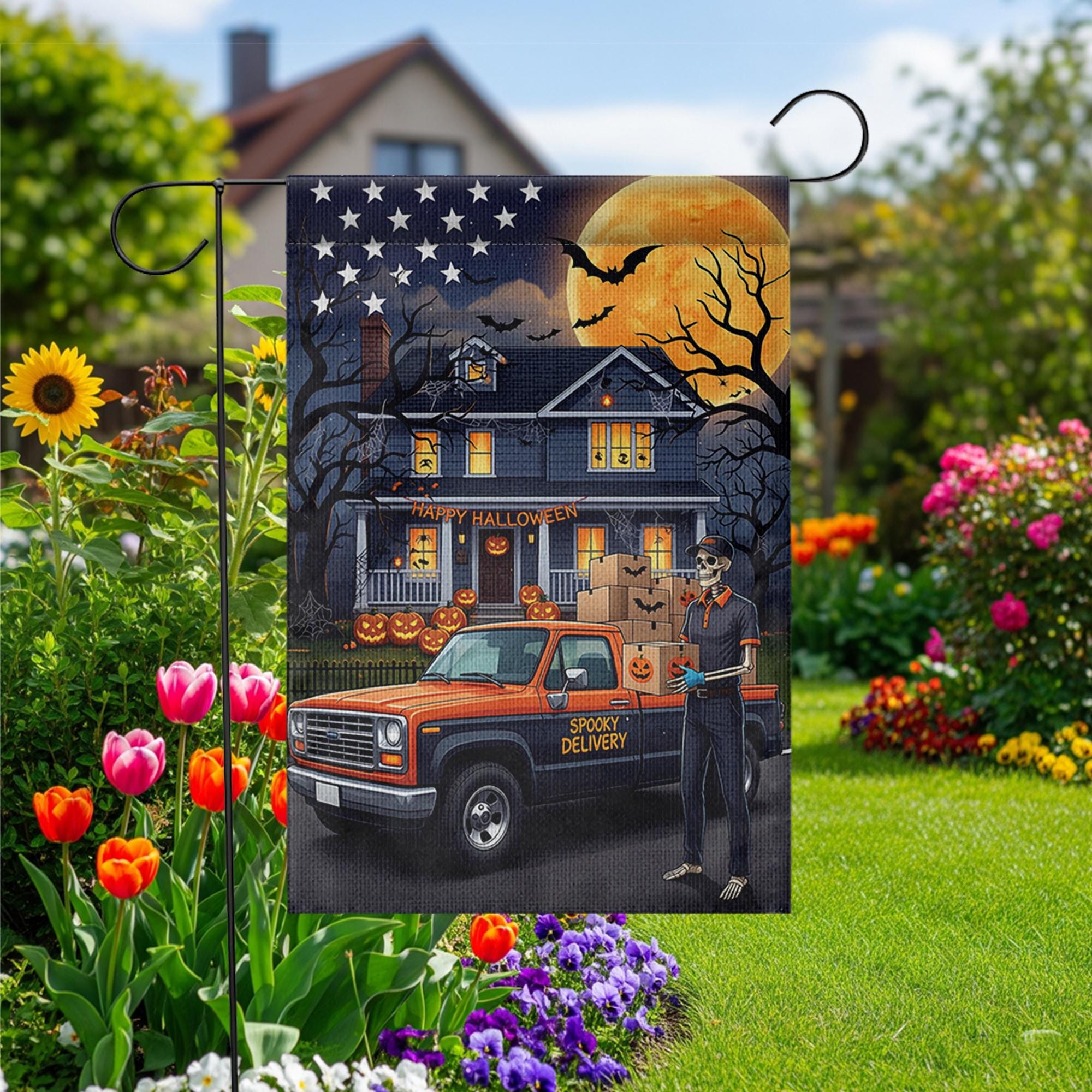 Spooky Delivery Halloween Garden Flag | Skeleton Delivery Driver Yard Banner | Funny Holiday House Outdoor Decor | Fall Porch Flag