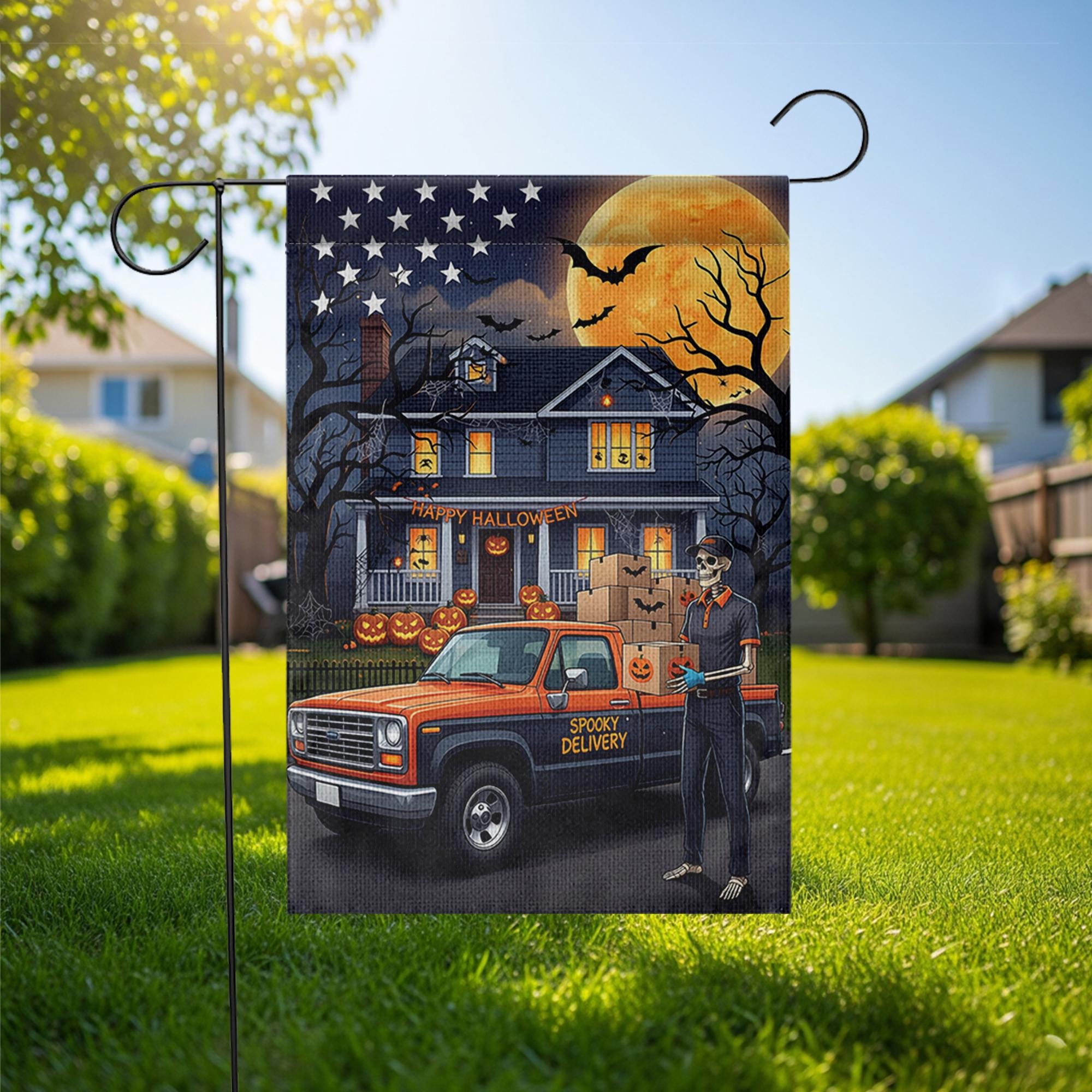 Spooky Delivery Halloween Garden Flag | Skeleton Delivery Driver Yard Banner | Funny Holiday House Outdoor Decor | Fall Porch Flag