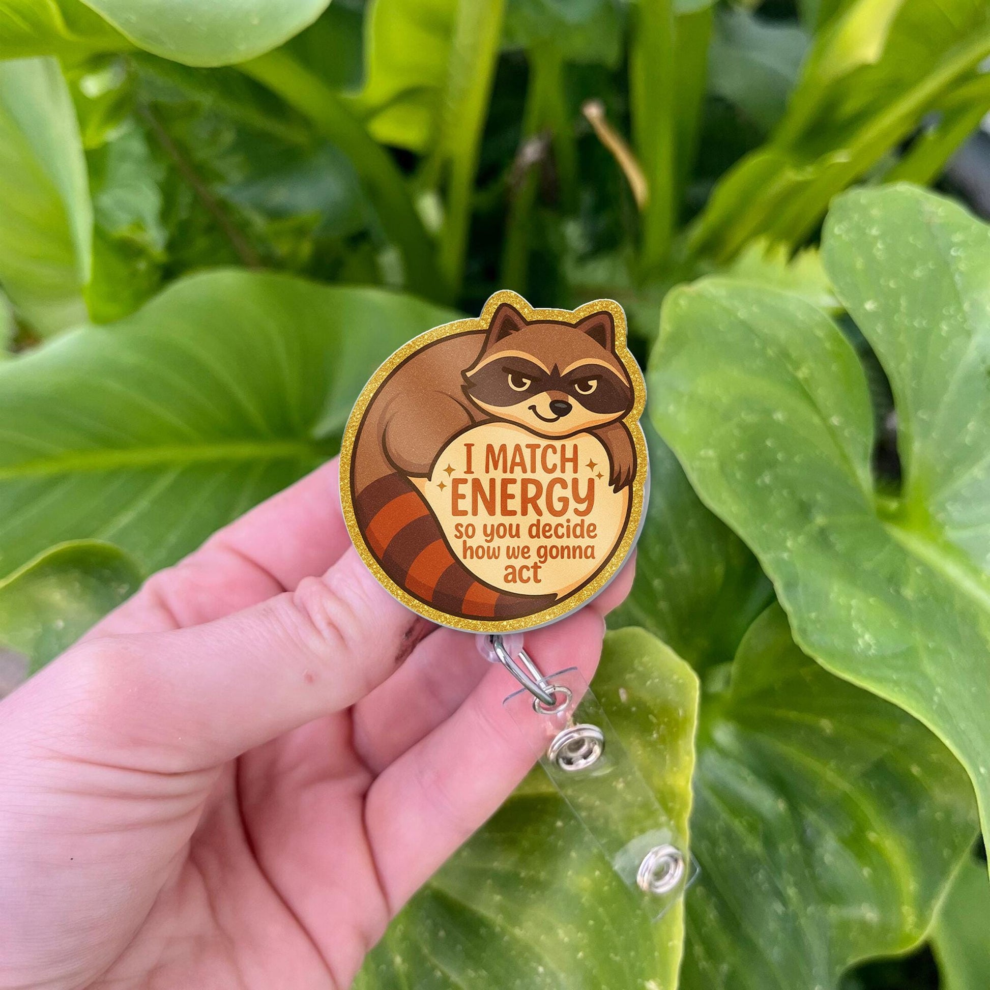 Funny Raccoon Badge Reel, I Match Energy ID Holder, Cute Animal Retractable Clip, Nurse Badge, Sassy Work Gift, Vet Tech Accessory